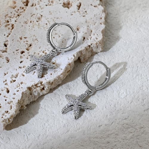 Detalle de Aliyoham Silver-Plated Starfish Hoop Earrings with Cubic Zirconia