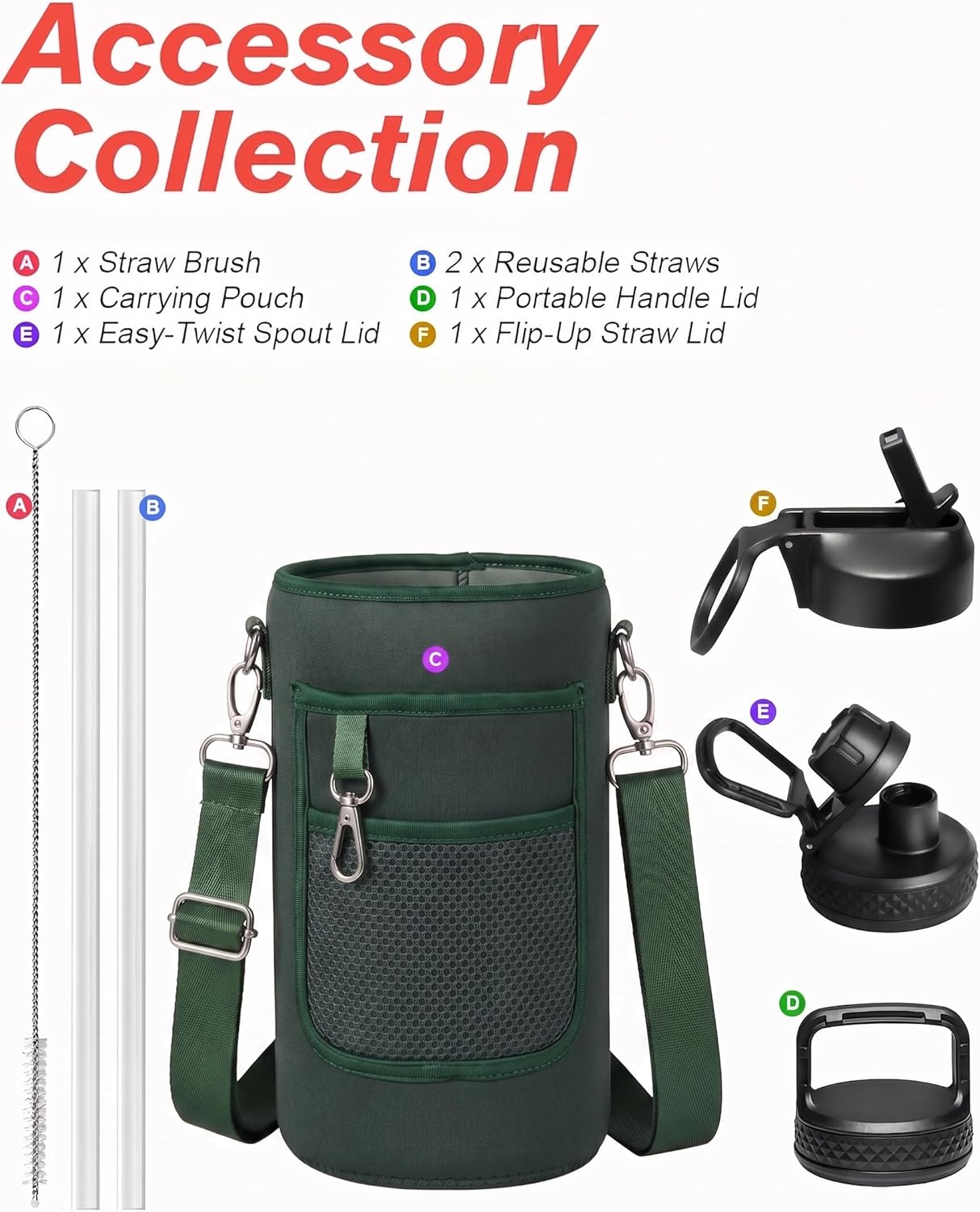 Thumbnail 6 de Coolflask 64 oz Half Gallon Insulated Water Bottle (Dark Green) with Straw & 3 Lids