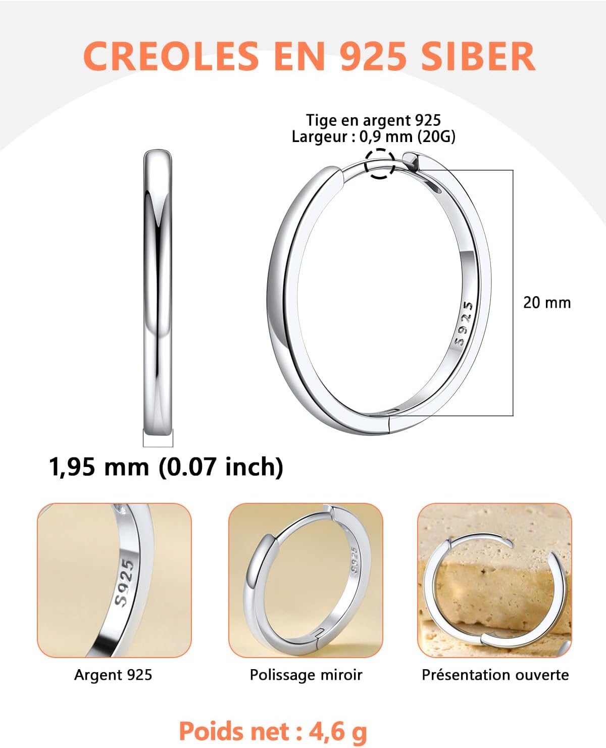 Thumbnail 3 de Silvora Petit Créole Argent 925 Massif – Boucles d’Oreilles hoop 6–20 mm