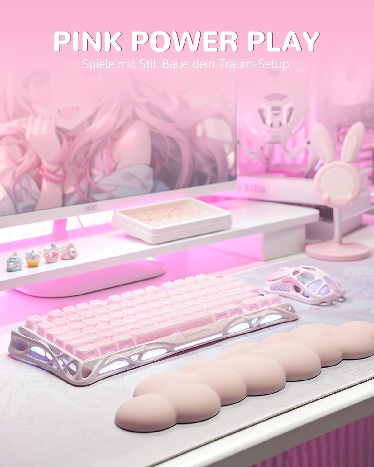 Detalle 2 de GravaStar Mercury K1 75% Mechanische Tastatur (Hot Swap, Wireless, Aluminiumrahmen) – Sakura Rosa