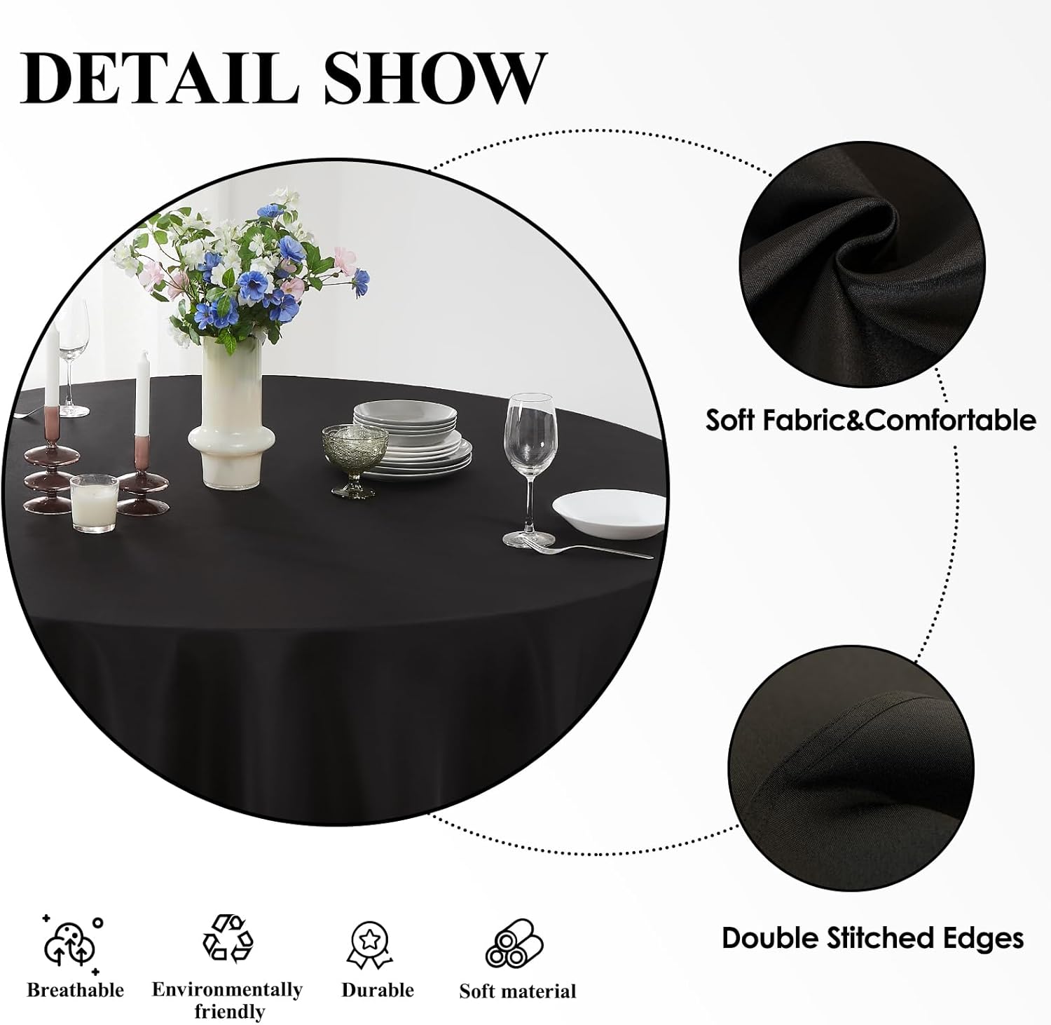 Thumbnail 4 de Aocoz Round Tablecloth 132-Inch 10-Pack Black (Washable Polyester)