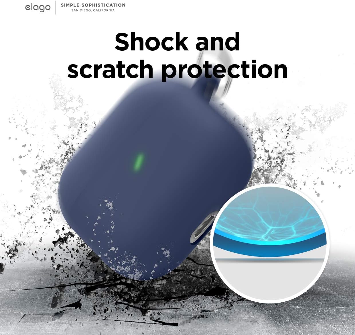 Detalle 2 de elago Coque Liquide Hybride avec mousqueton pour AirPods 3 (protection triple couche) – Jean Indigo