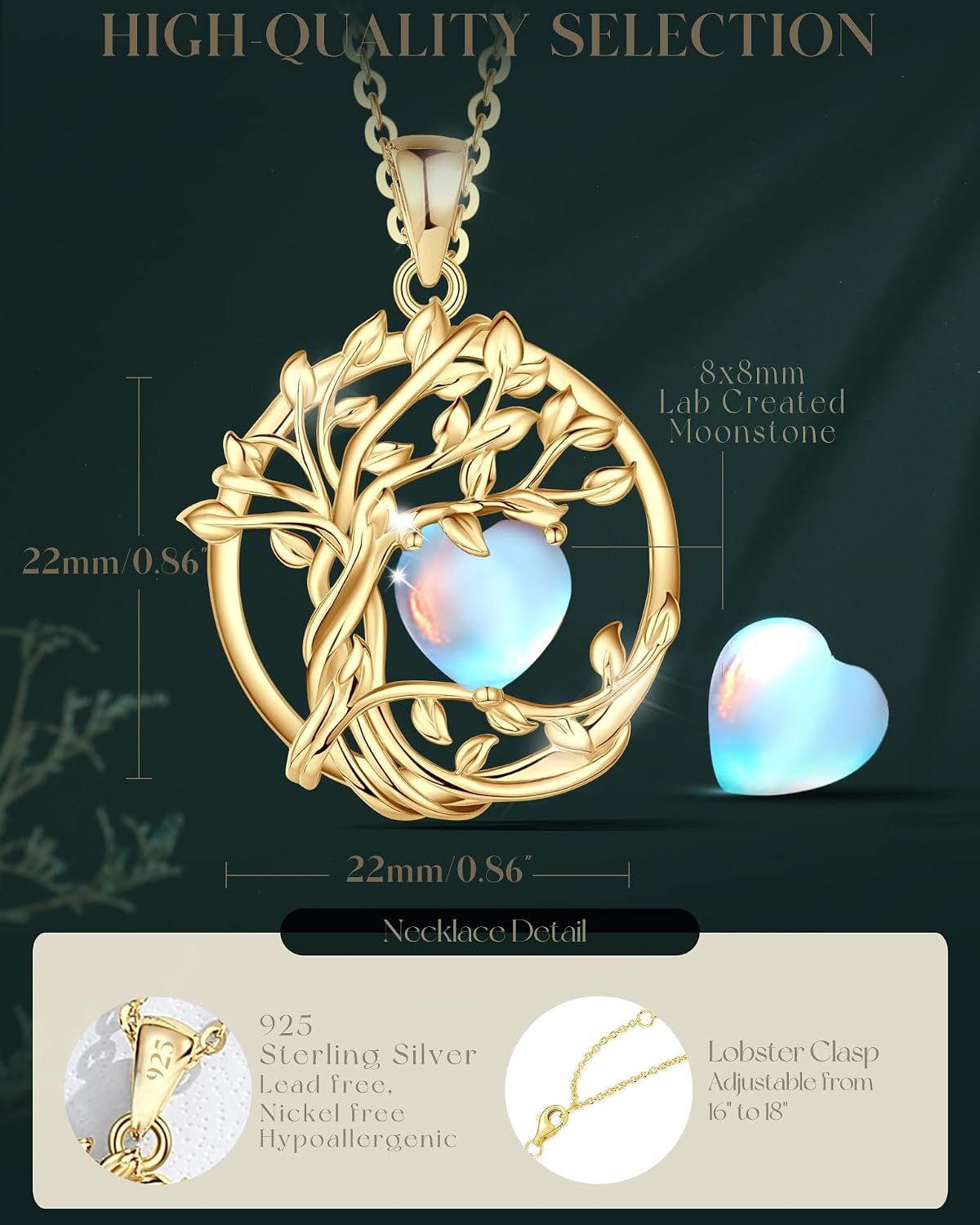 Detalle de FANCIME Tree of Life Geburtstein Halskette aus Sterling Silber mit Mondstein