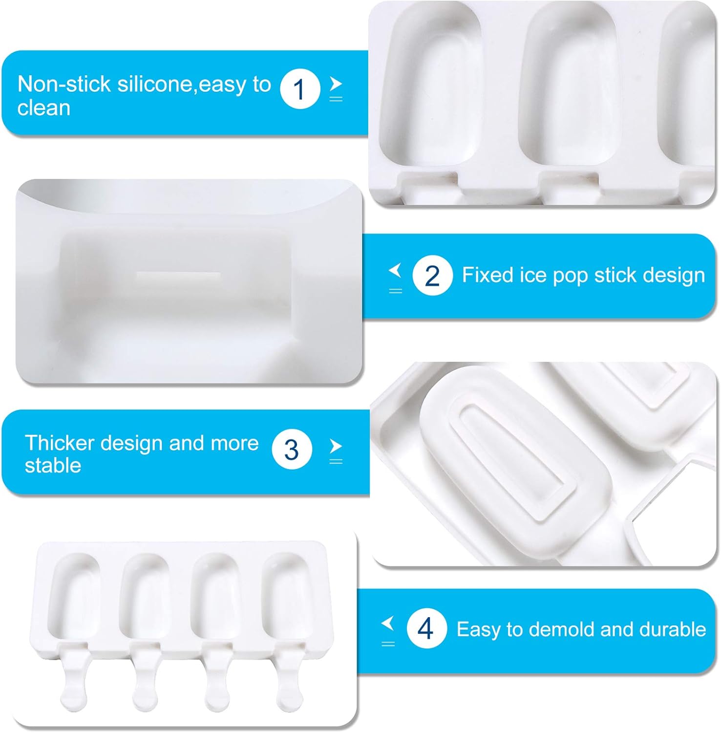 Detalle 2 de Eisformen Silikon Formen – BPA-frei, 100 Holzstächen inklusive, wiederverwendbare Kuchen-Eis am Stiel Form