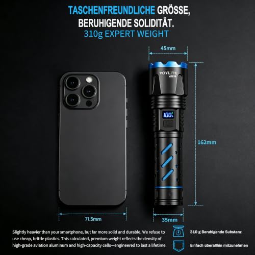 Thumbnail 7 de Voylite Taschenlampen-2er-Set: 1.000.000 Lumen Extremhell mit Zoom, USB-Aufladung, IPX7, LCD & Wärmeableitung