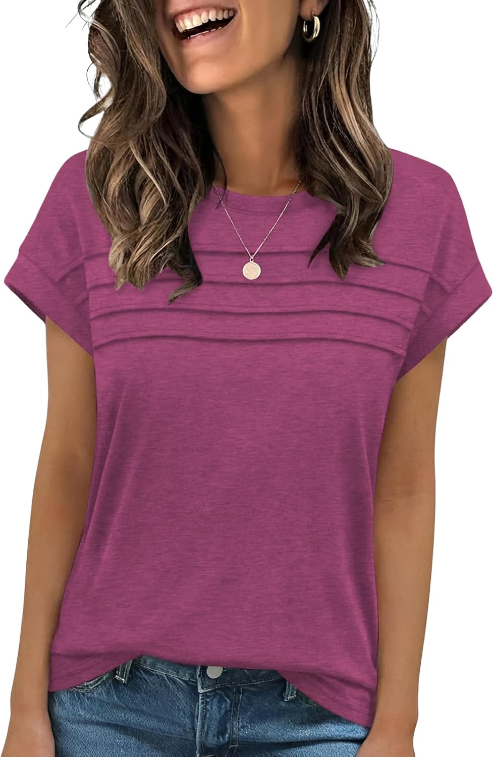 Detalle de Cuptacc Damen Sommer-TShirt mit Rundhalsausschnitt – elegantes Basic-Top für Alltag und Büro
