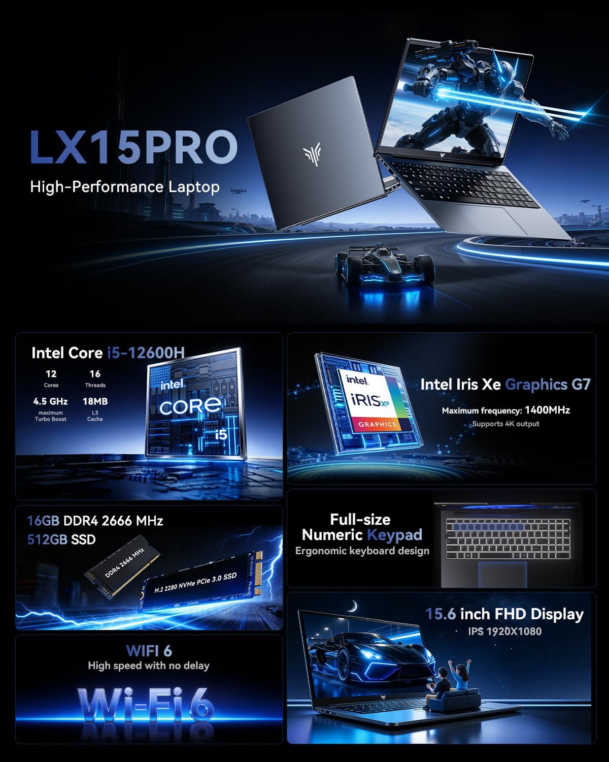 Thumbnail 1 de MALLRACE 15.6-inch Windows 11 Laptop w/ Intel i5-12600H — Solid all-around performer for students and professionals