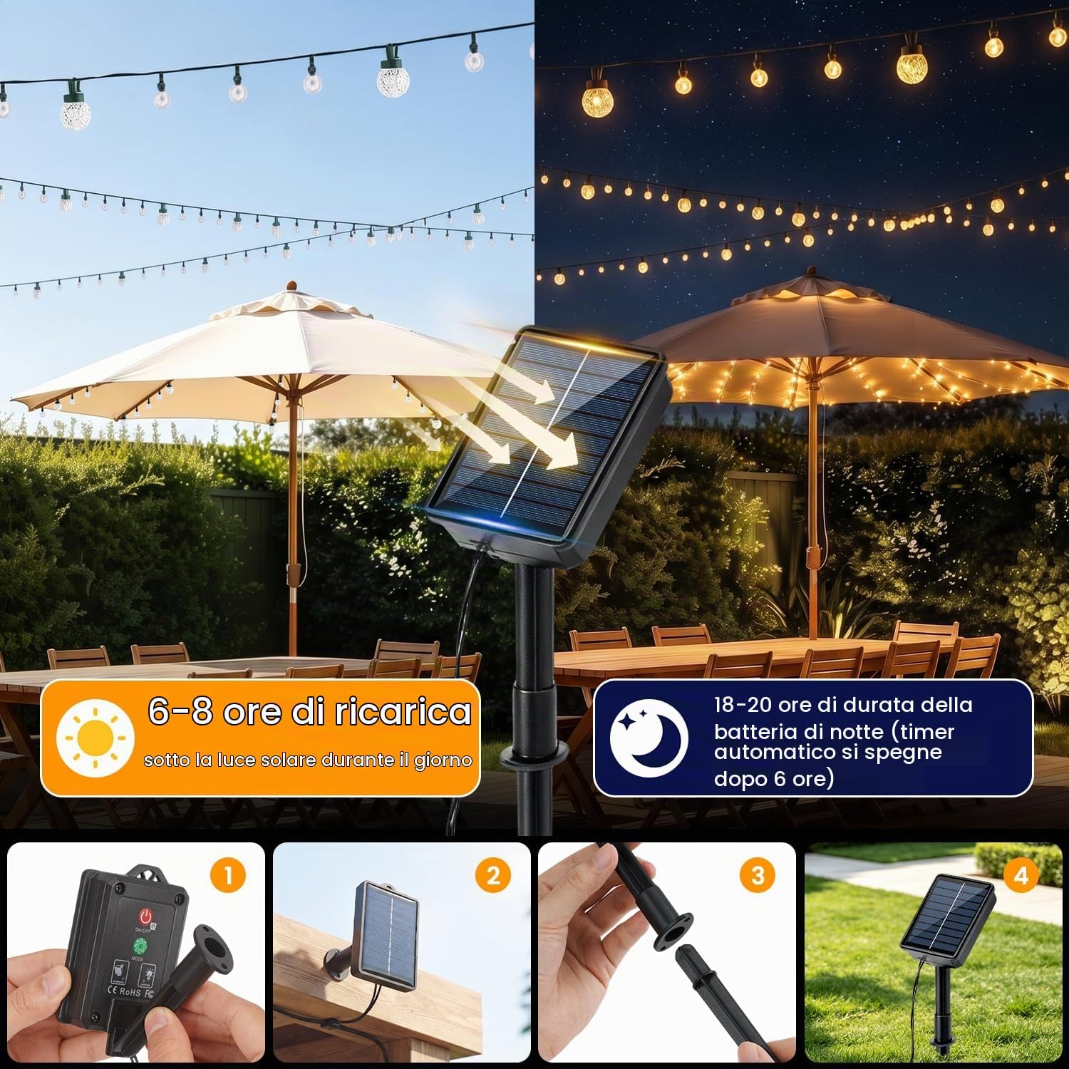 Thumbnail 2 de FIFlying Catena Luminosa Solare da Esterno 64 LED 11,6 m – Luce Bianca Calda IP65, 8 Modalità, Timer e Memoria