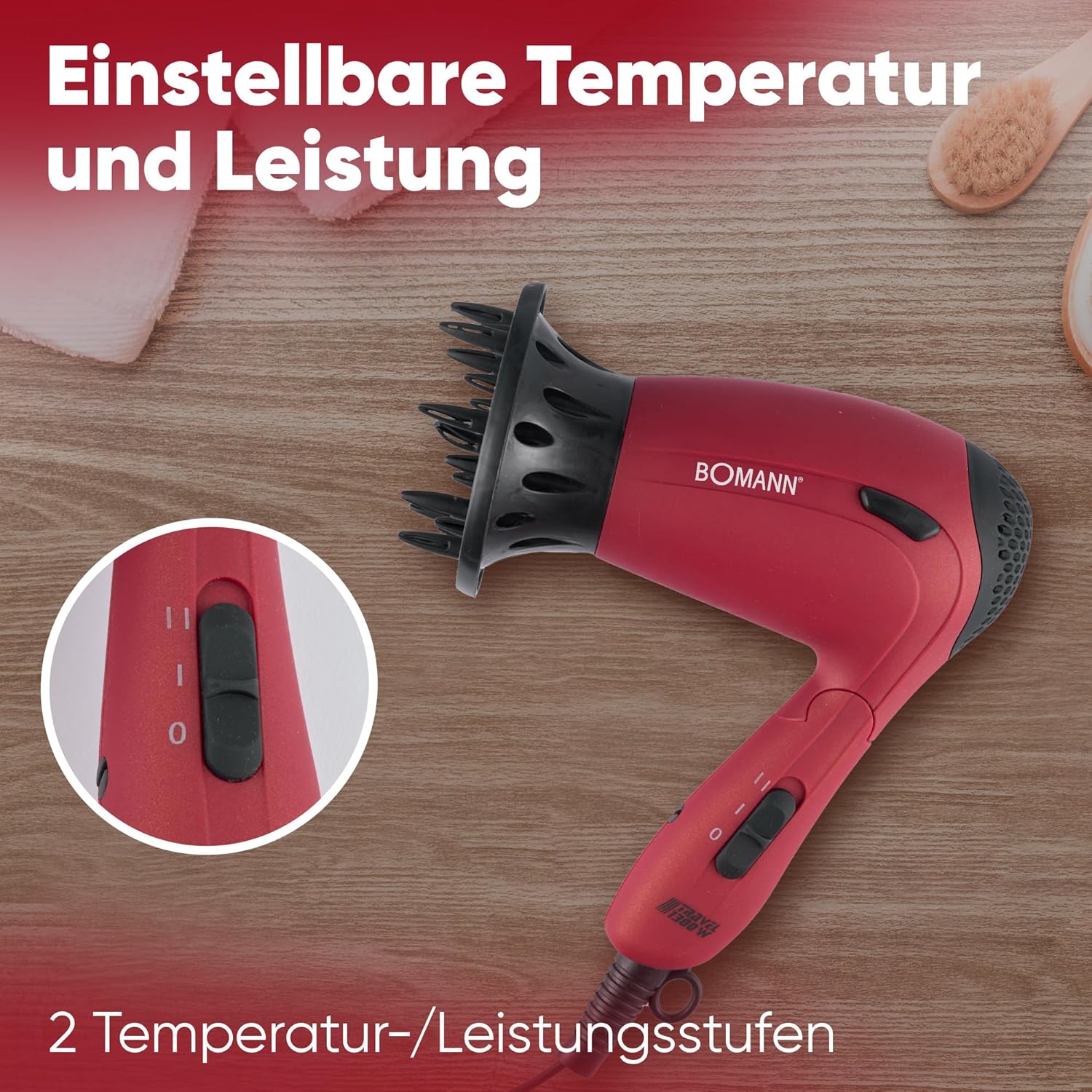 Detalle de Bomann Haartrockner klappbar HTD 8005 CB – 1200 W Reisehaartrockner, 110/230 V, inkl. Diffusor und Tasche