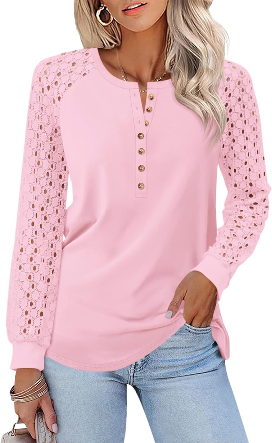 Detalle de Minetom Women’s Lace Long Sleeve Henley Tops (Lace Sleeve Button-Down Casual Blouse)