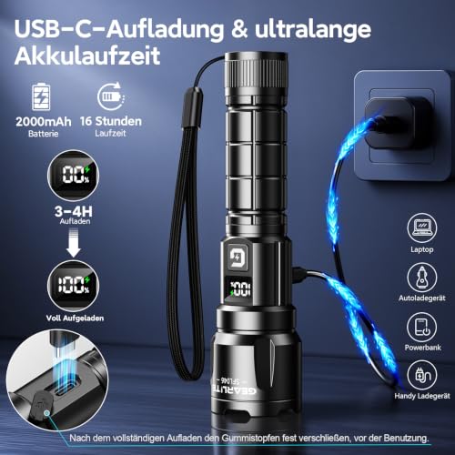 Detalle de GEARLITE Taschenlampe LED Aufladbar – Extrem Hell, 6000 Lumen, 2er-Set