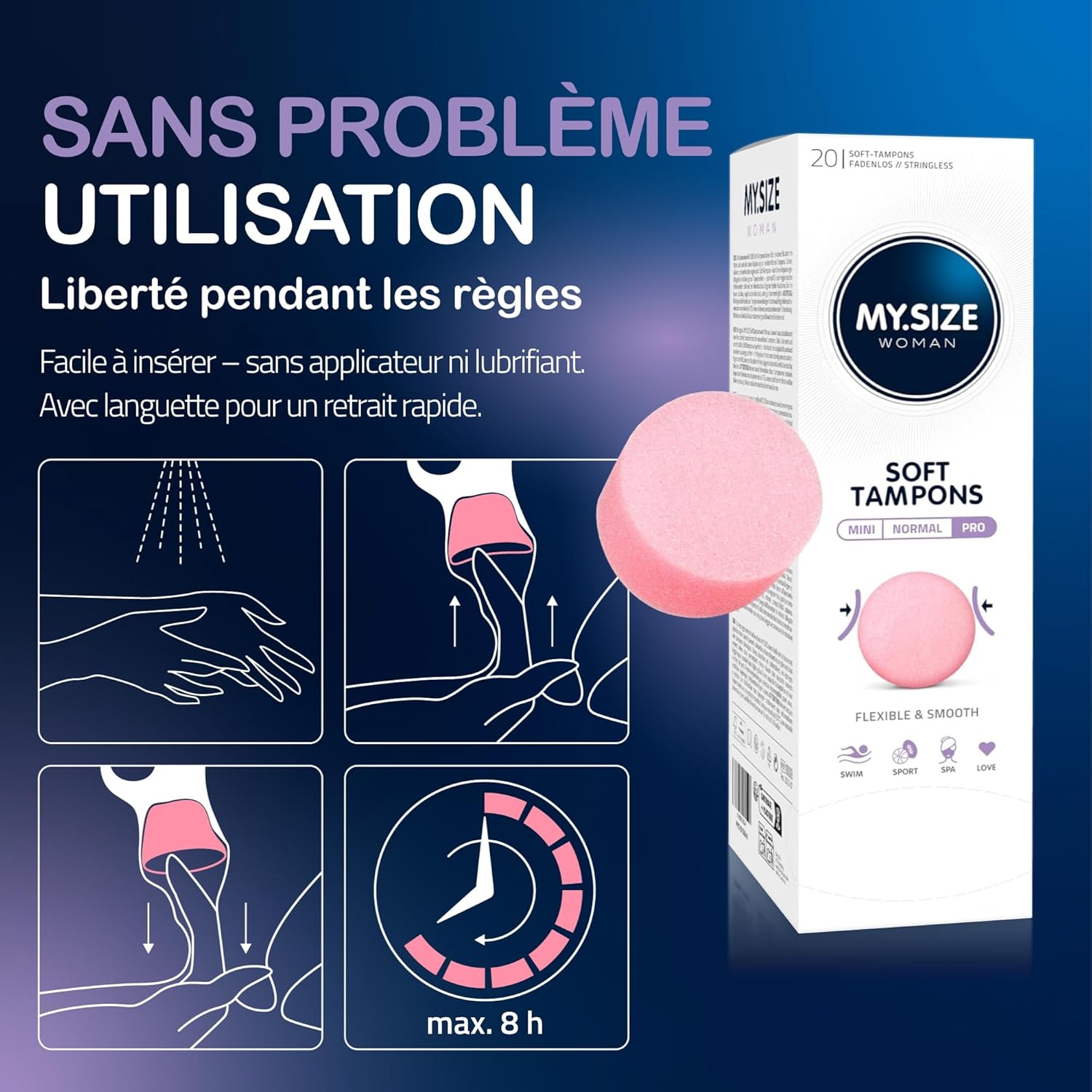 Thumbnail 4 de MY.SIZE Soft Tampons PRO sans ficelle – 20 pièces, confort pour le sport, l’amour et le spa