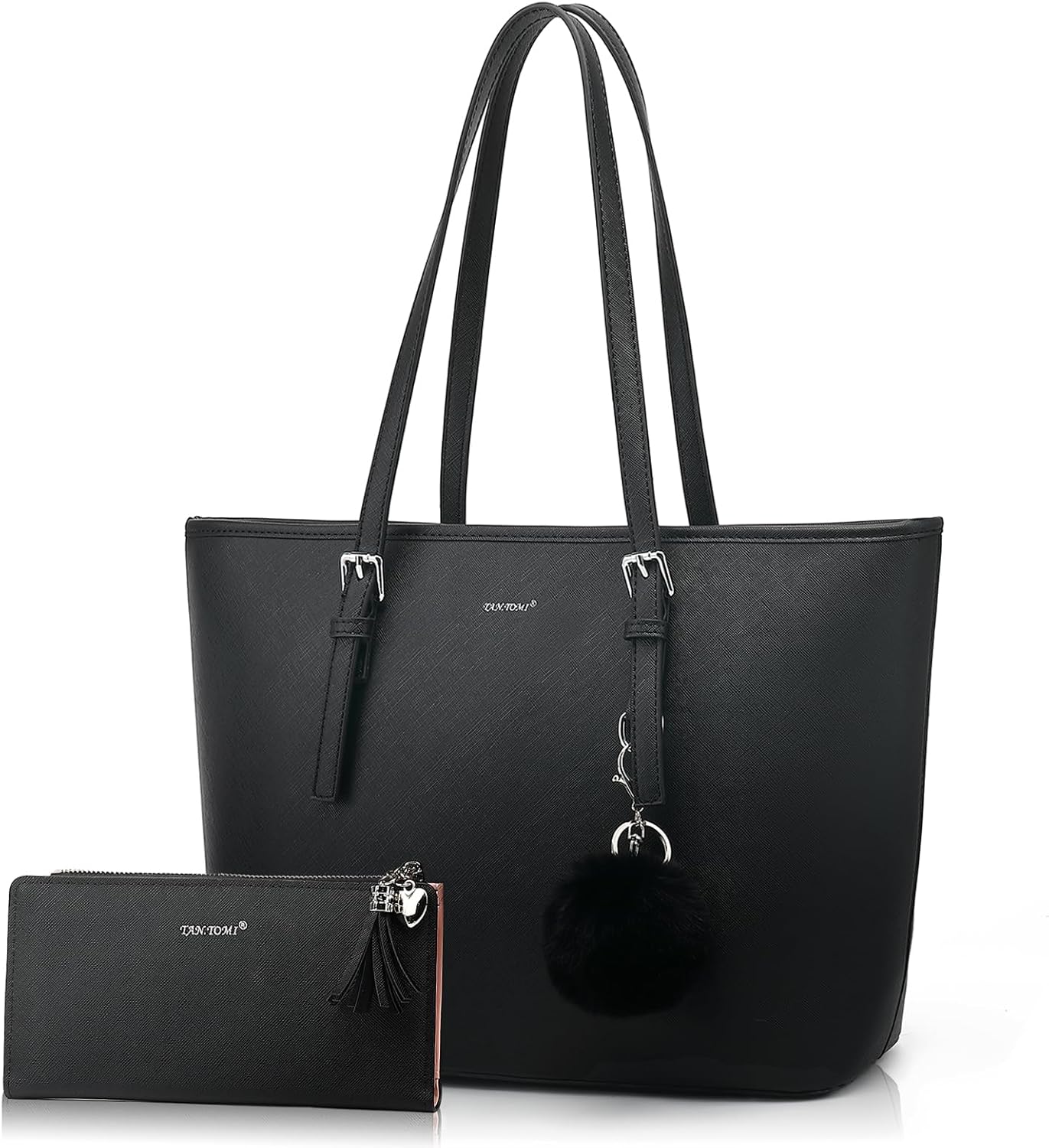 Detalle de TANTOMI Damen Handtasche Set mit Geldbörse – Große Einkaufstasche mit Quasten und Pelz‑Keychain