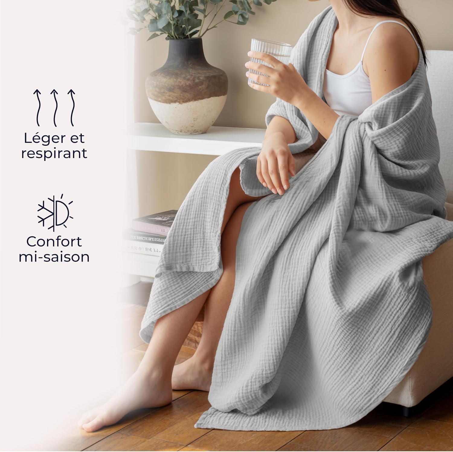 Thumbnail 4 de Dreamzie Couverture en mousseline 220x240 cm en coton (4 couches) gris clair – légère, respirante et lavable à 30 °C