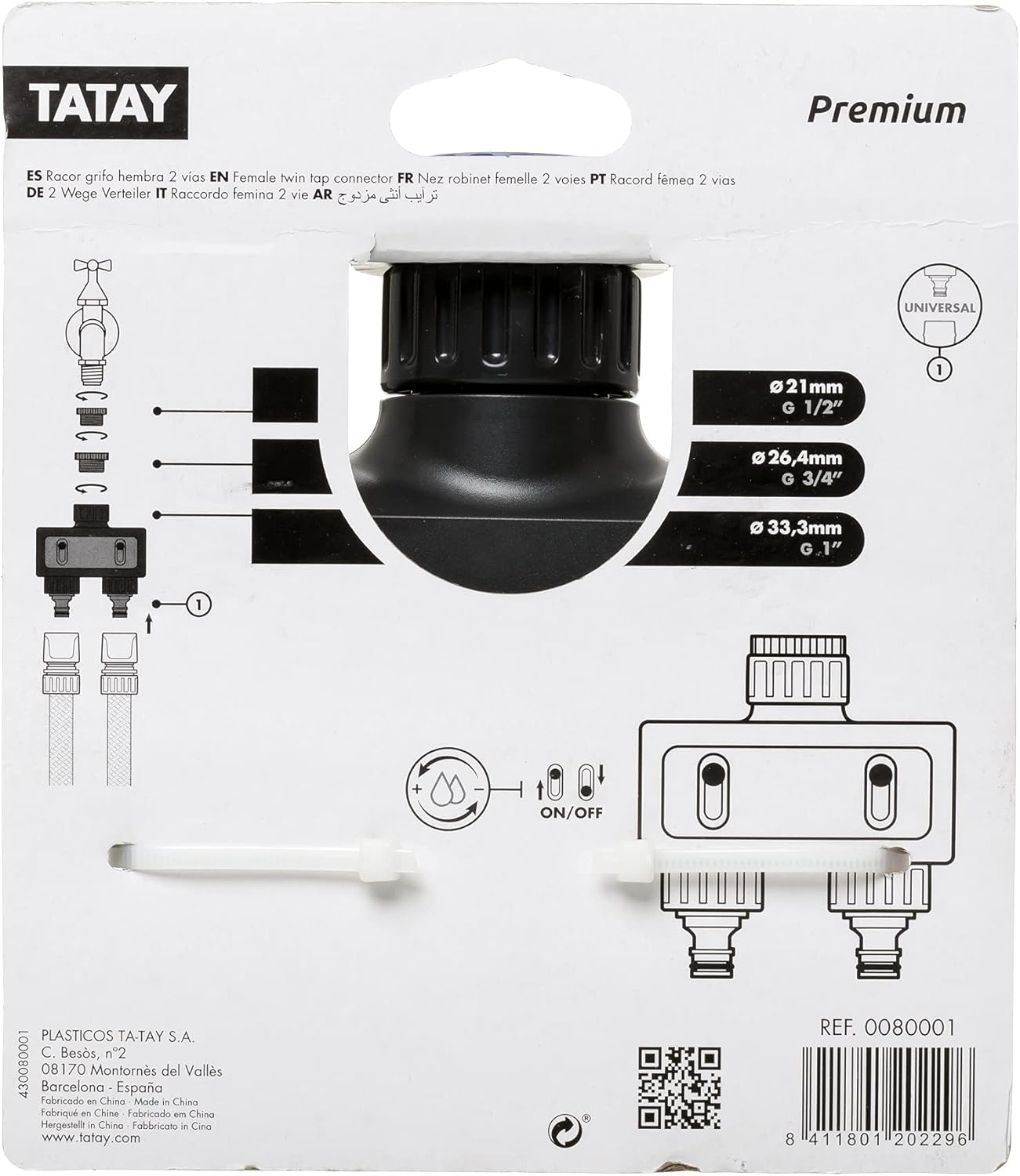 Thumbnail 2 de Tatay Premium 2 Way Hose Tap Universal Connector (Grey/Black) for 1/2", 3/4" and 1" taps