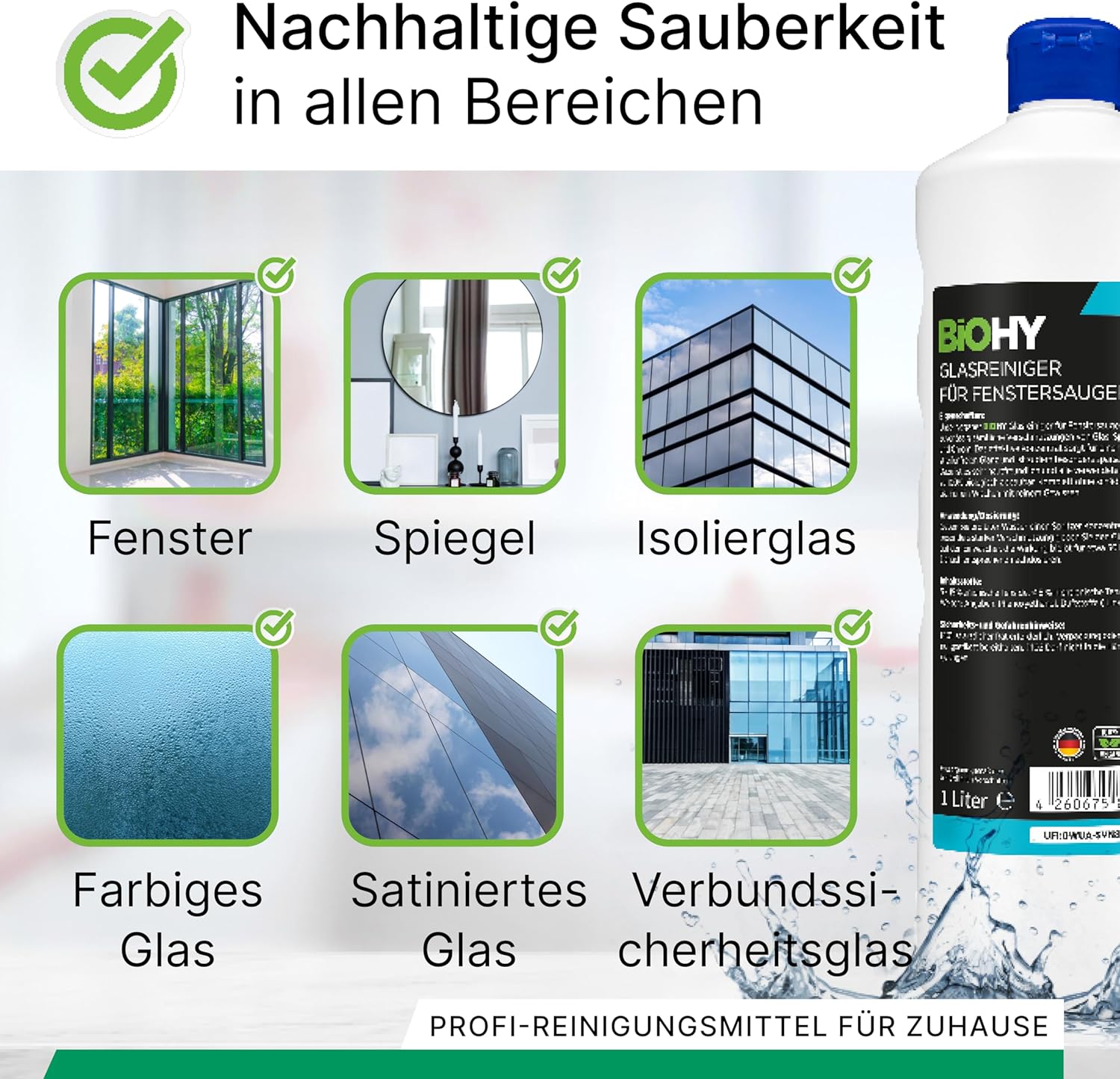 Detalle 2 de BiOHY Glasreiniger für Fenstersauger (500ml) – streifenfreier Glanz für Glas, Spiegel und Chrom