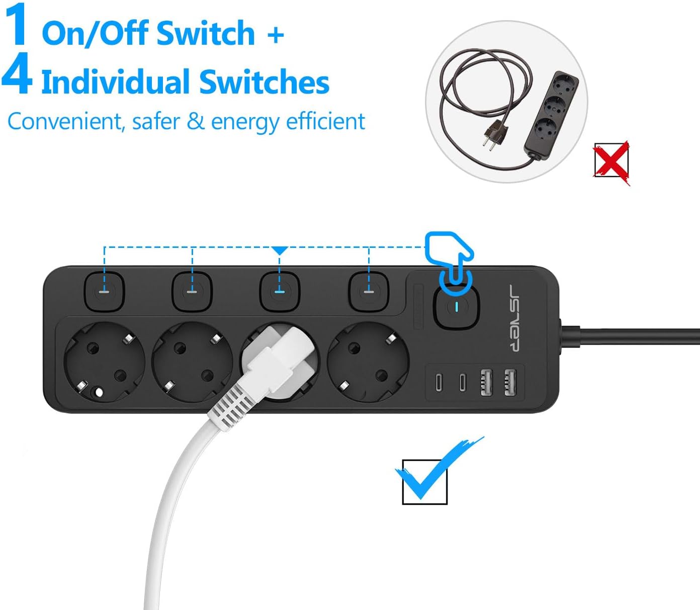 Thumbnail 2 de JSVER Multiprise USB avec interrupteurs individuels, 4 prises CA et 2 USB-A (2 ports USB-C) noire