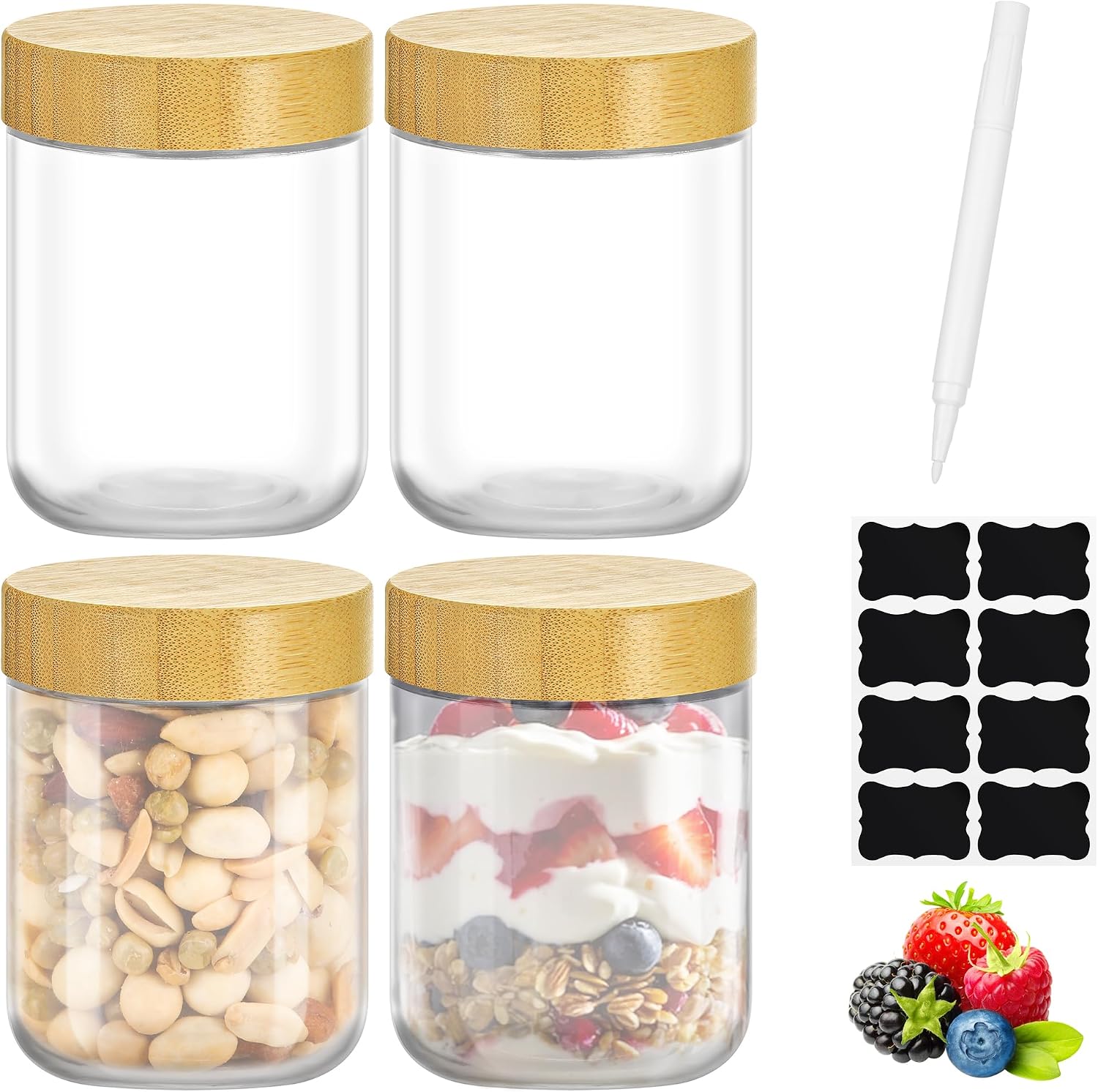 TranRantic 4 Pack Overnight Oats Glass Jars with Airtight Lids, 16oz – BPA-Free Meal Prep Containers