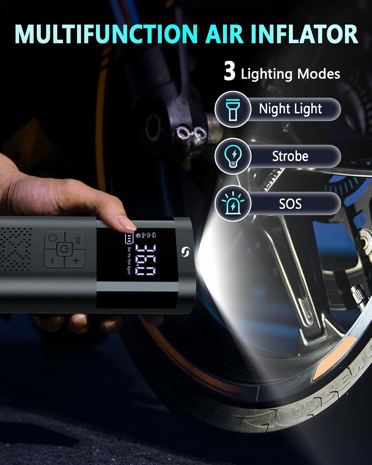 Detalle de SERVOMASTER Elektrische Luftpumpe: Kompakte Akku-Kompressor-Pumpe mit Display, LED und Vielseitigkeit