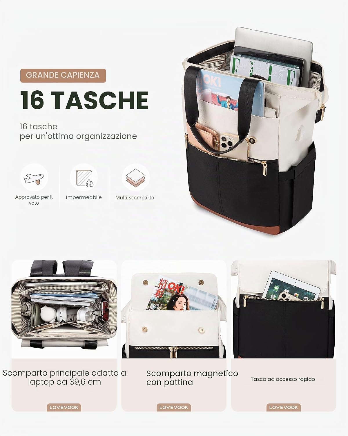 Thumbnail 3 de LOVEVOOK Zaino Antifurto PC 15,6" Impermeabile con Porta USB – Grande capacità e design 3 in 1
