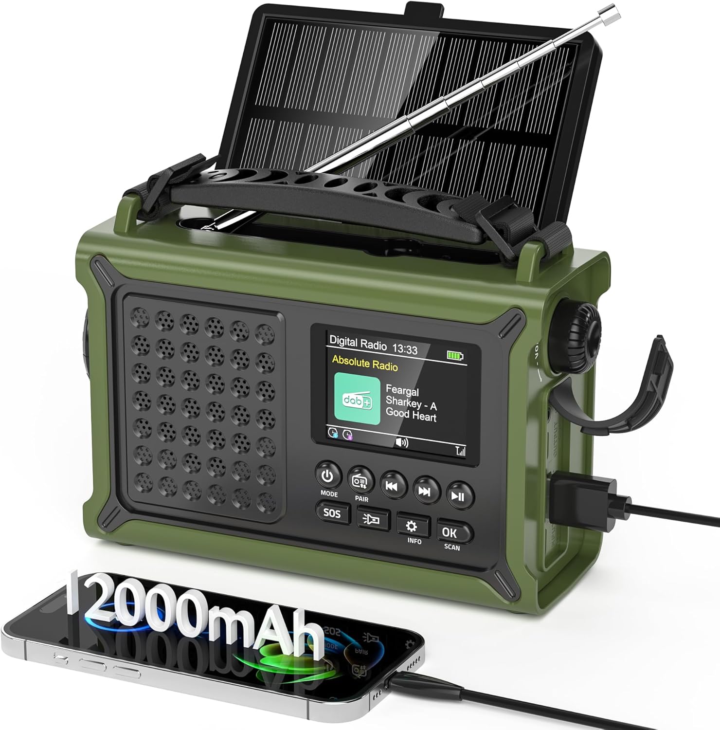 Radio Portable DAB+/DAB+ & FM avec Bluetooth 5.0, écran couleur 2,4", 12000 mAh et lampe torche – multi-usage et autonomie en mobilité