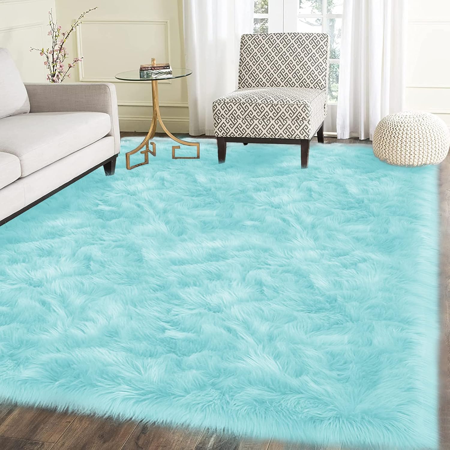 Detalle de Latepis Light Blue Faux Sheepskin Fur Area Rug 8x10 (Teal) for Living Room & Bedroom