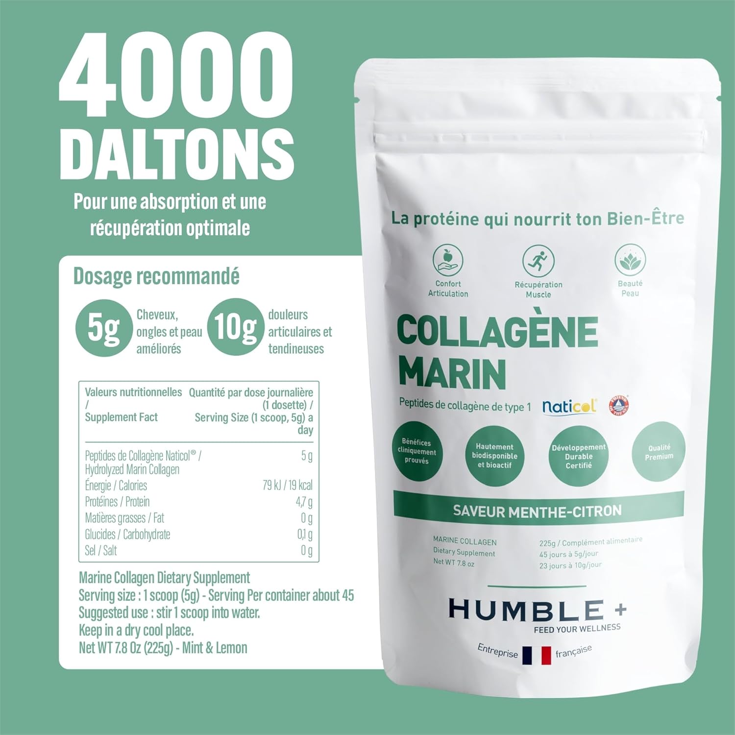 Detalle de Collagène Marin Naticol® en poudre – Menthe-Citron, 300 g (60 doses) — Fabriqué en France, pour peau, articulations et récupération musculaire