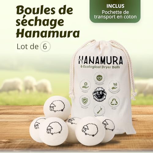 Detalle de Hanamura 6 XXL Boules de lavage et séchage en laine néo-zélandaise – rangement coton inclus