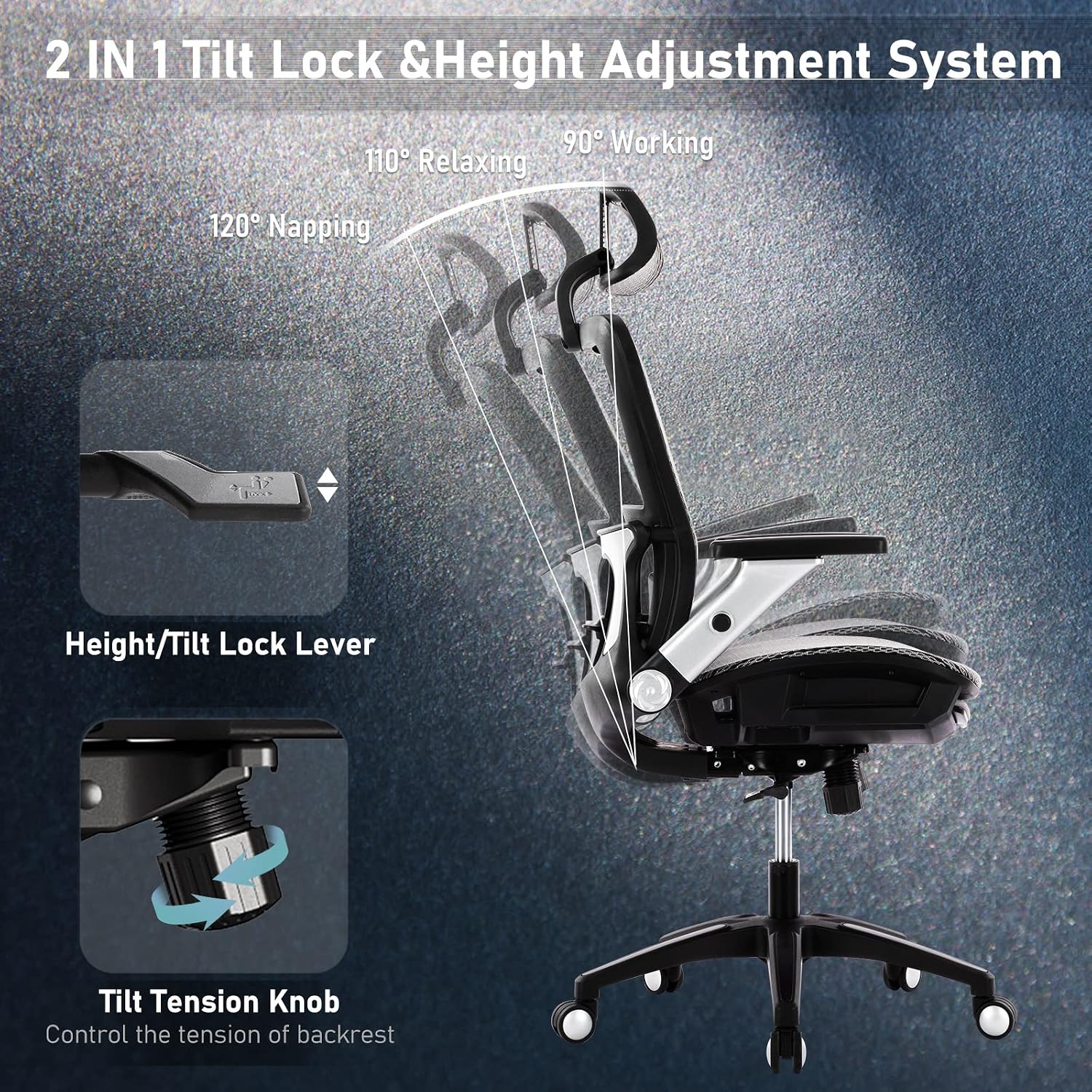 Detalle 2 de COLAMY 2577F Ergonomic Mesh Office Chair with Footrest and Adjustable Lumbar Support