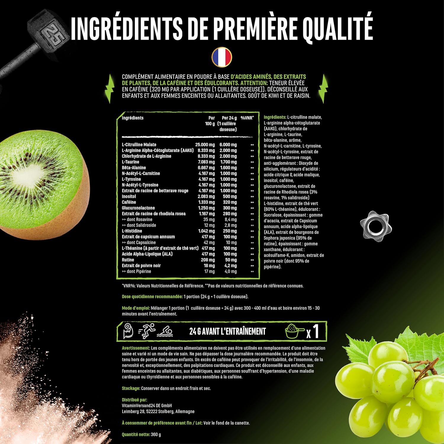 Detalle de GEN German Elite Nutrition Push it to the Limit — Pré-workout avec L-Arginine, Citrulline, caféine et rhodiola (360 g, kiwi raisin)