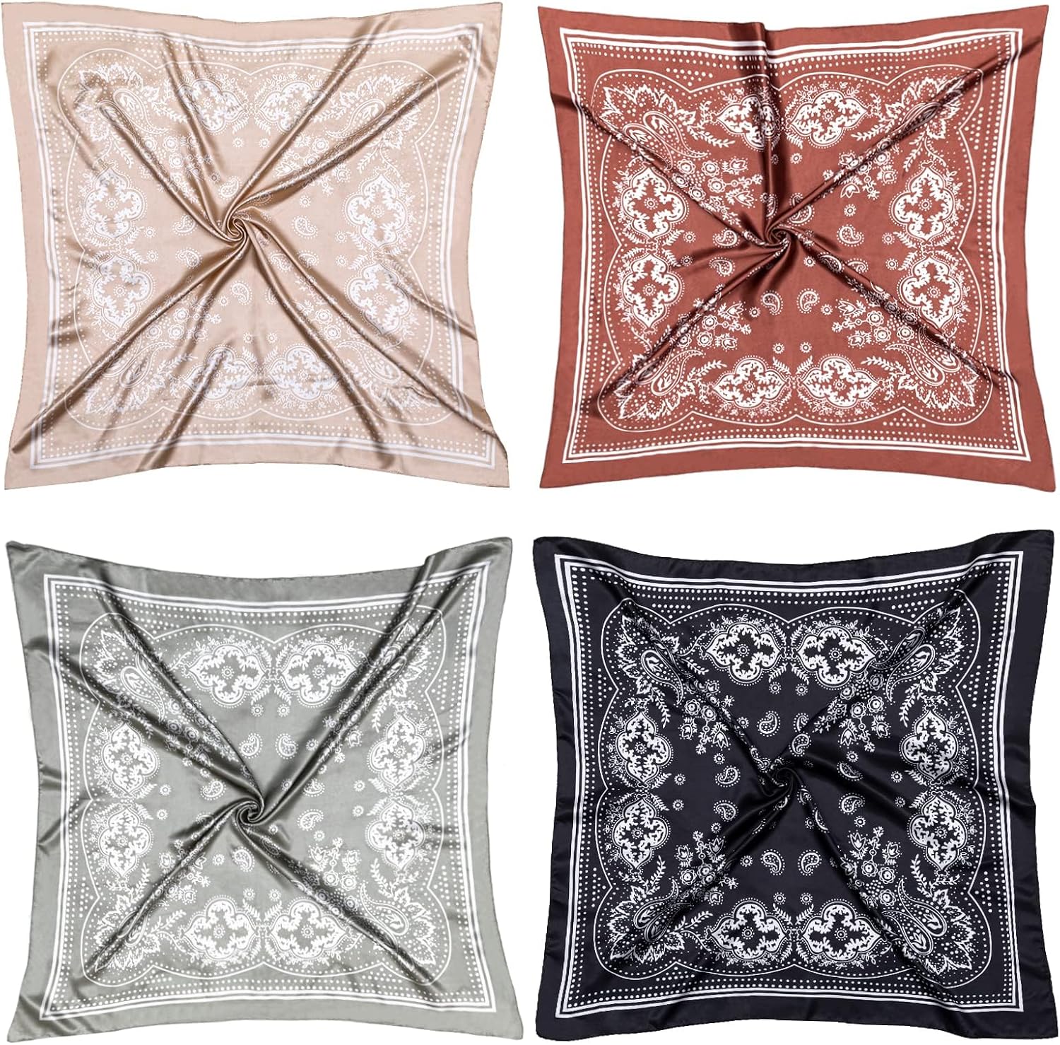 Detalle 2 de HBselect 4 Stk. Kopftuch – 90×90 cm Quadrat-Schals für Damen, Seide-Gefühl