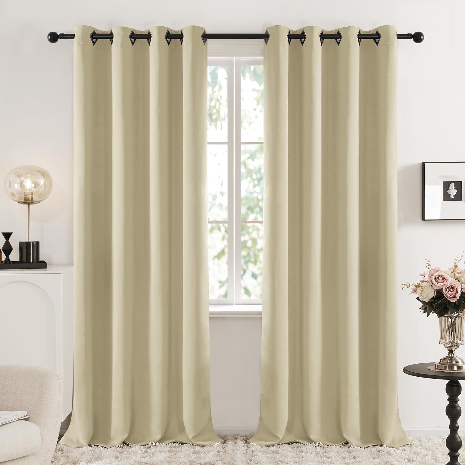 Detalle de Deconovo Blackout Curtains with Black Eyelets in Warm Beige (2 Panels)
