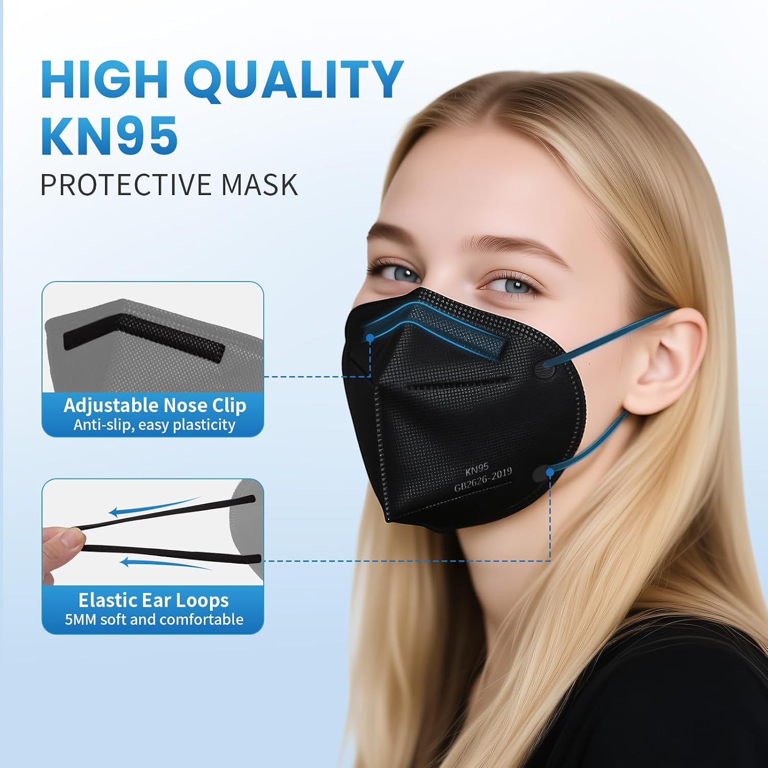 Detalle 2 de Borje KN95 Face Masks, 50-Pack, 5-Layer Filtration, Multicolor