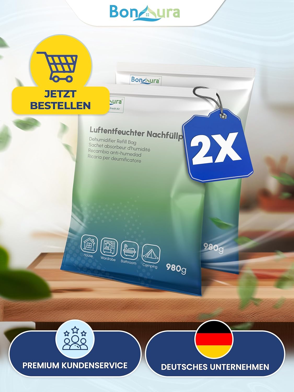 Thumbnail 6 de BonAura® Luftentfeuchter Nachfüllpack 2x 980 g (2er Set) – Granulat gegen Feuchtigkeit, Schimmelgeruch und Kondenswasser