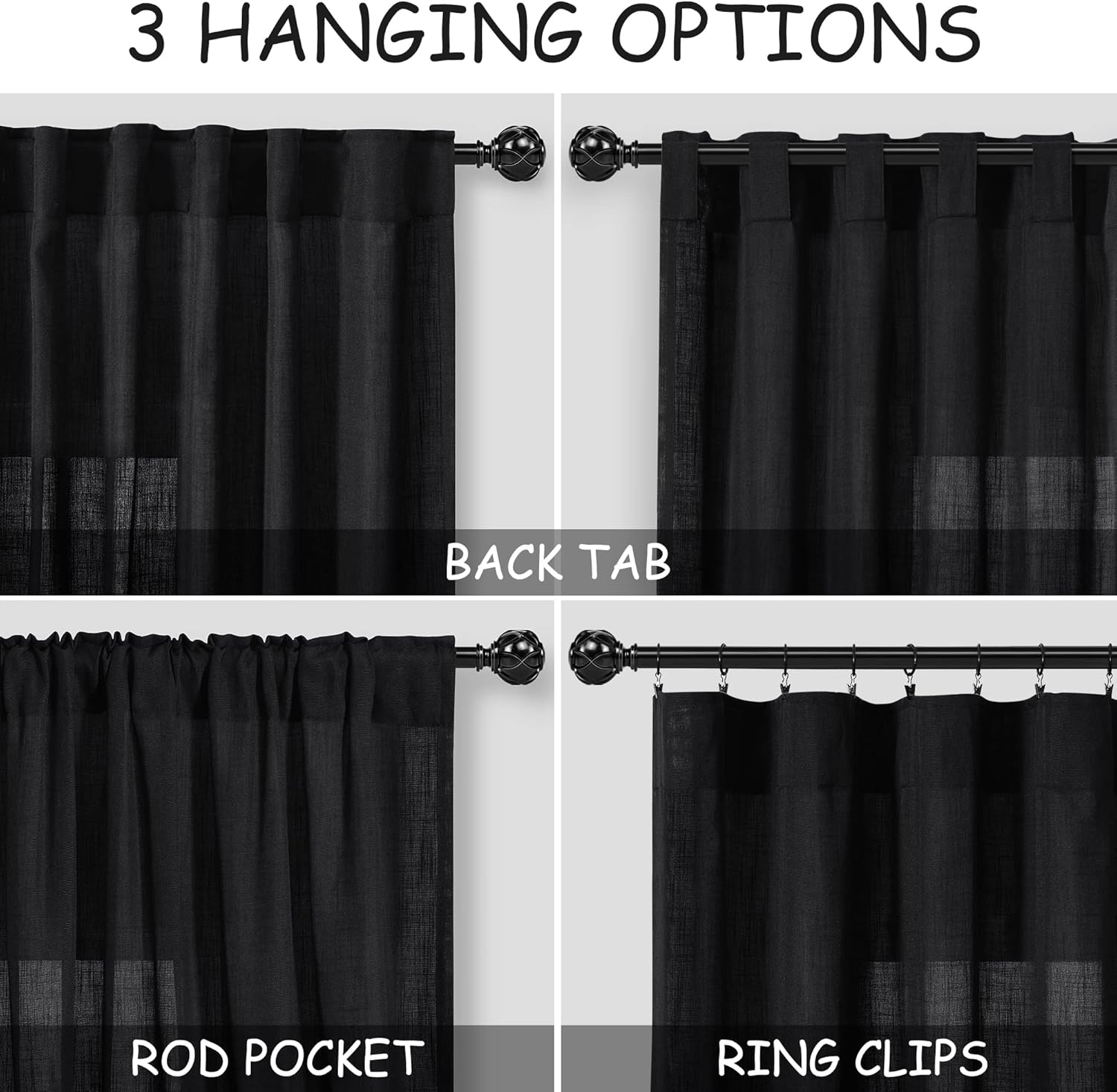 Thumbnail 2 de Black Linen Curtains 84 inches Long, 2 Panels – Back Tab, Light Filtering, Privacy, Linen Blend Gauze Drapes