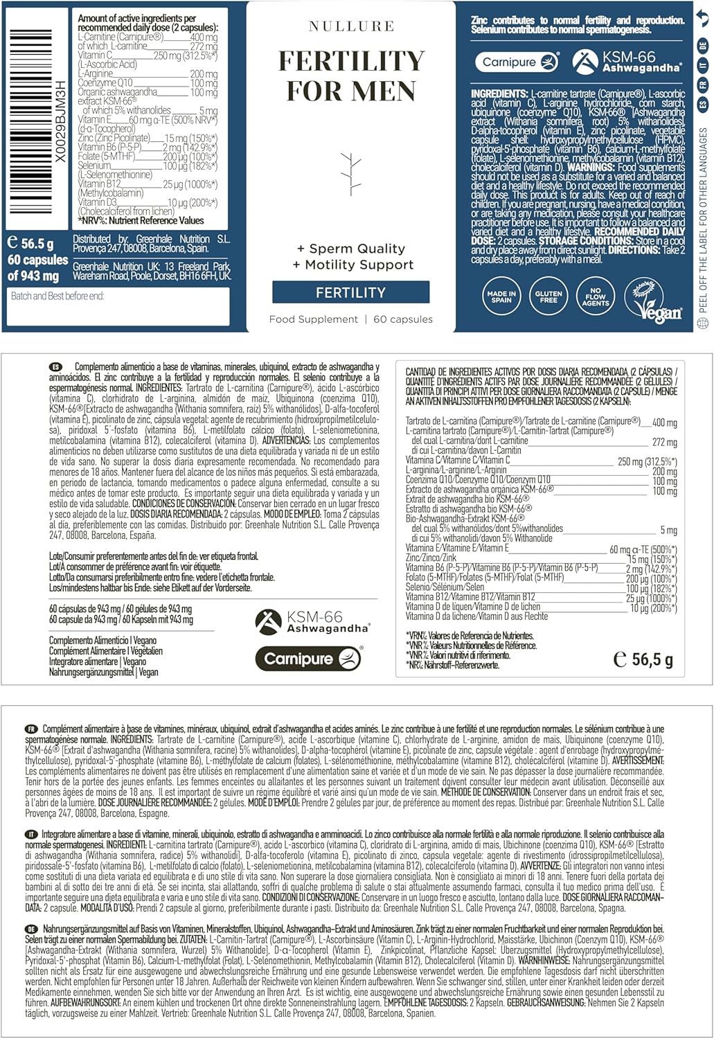 Detalle de Nullure Integratore Fertilità Uomo | L-Carnitina, CoQ10, Arginina e Zinco – 60 capsule