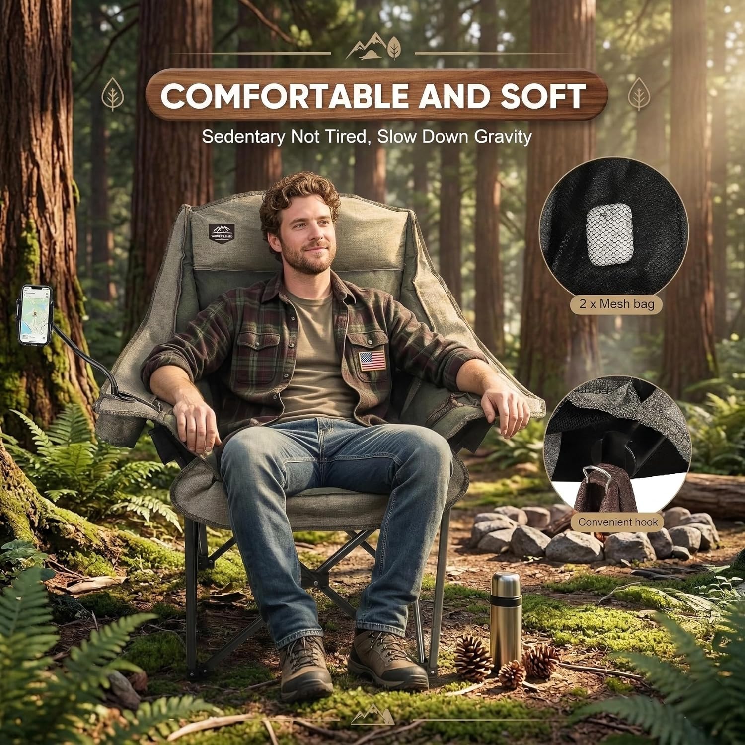 Thumbnail 5 de LANMOUNTAIN Oversized XL Folding Camping Chair: Heavy-Duty 400lb Capacity with Cup and Phone Holders