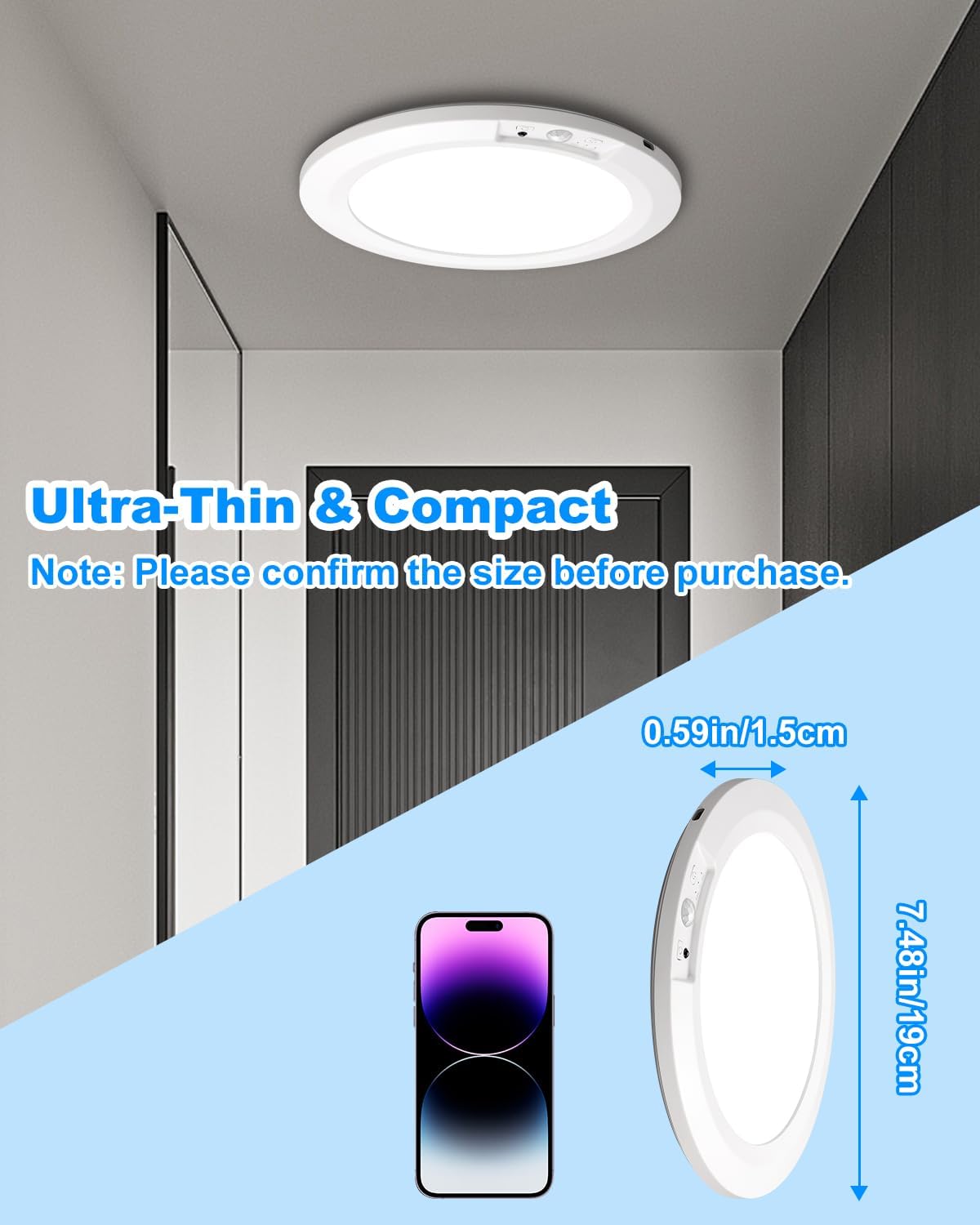 Detalle de APCENS HY-P05 Motion Sensor Ceiling Light, 2-Pack, 450 lm, USB-C Rechargeable
