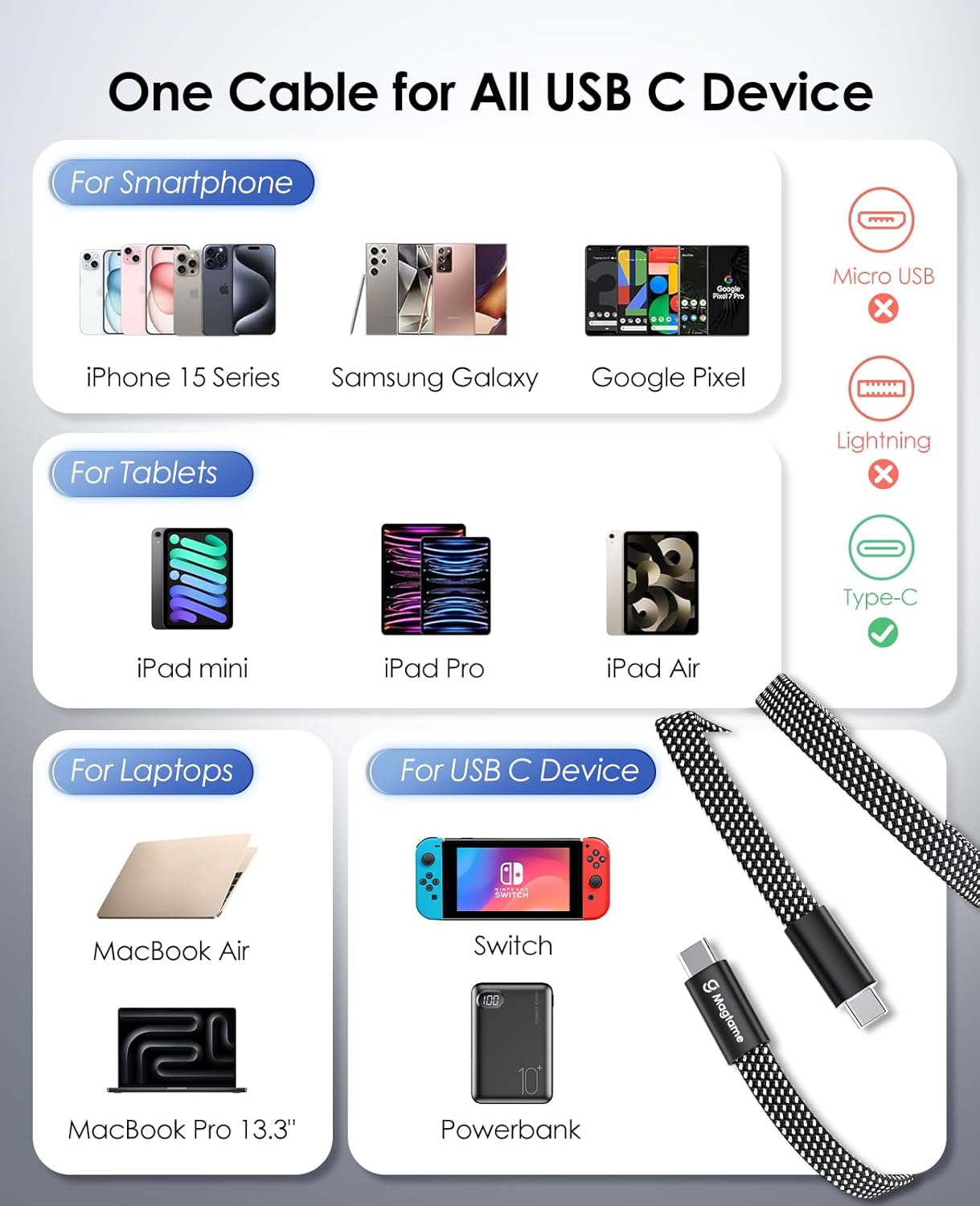 Thumbnail 6 de Magtame USB-C Cable 240W Flat Magnético, Carga rápida 1.5m