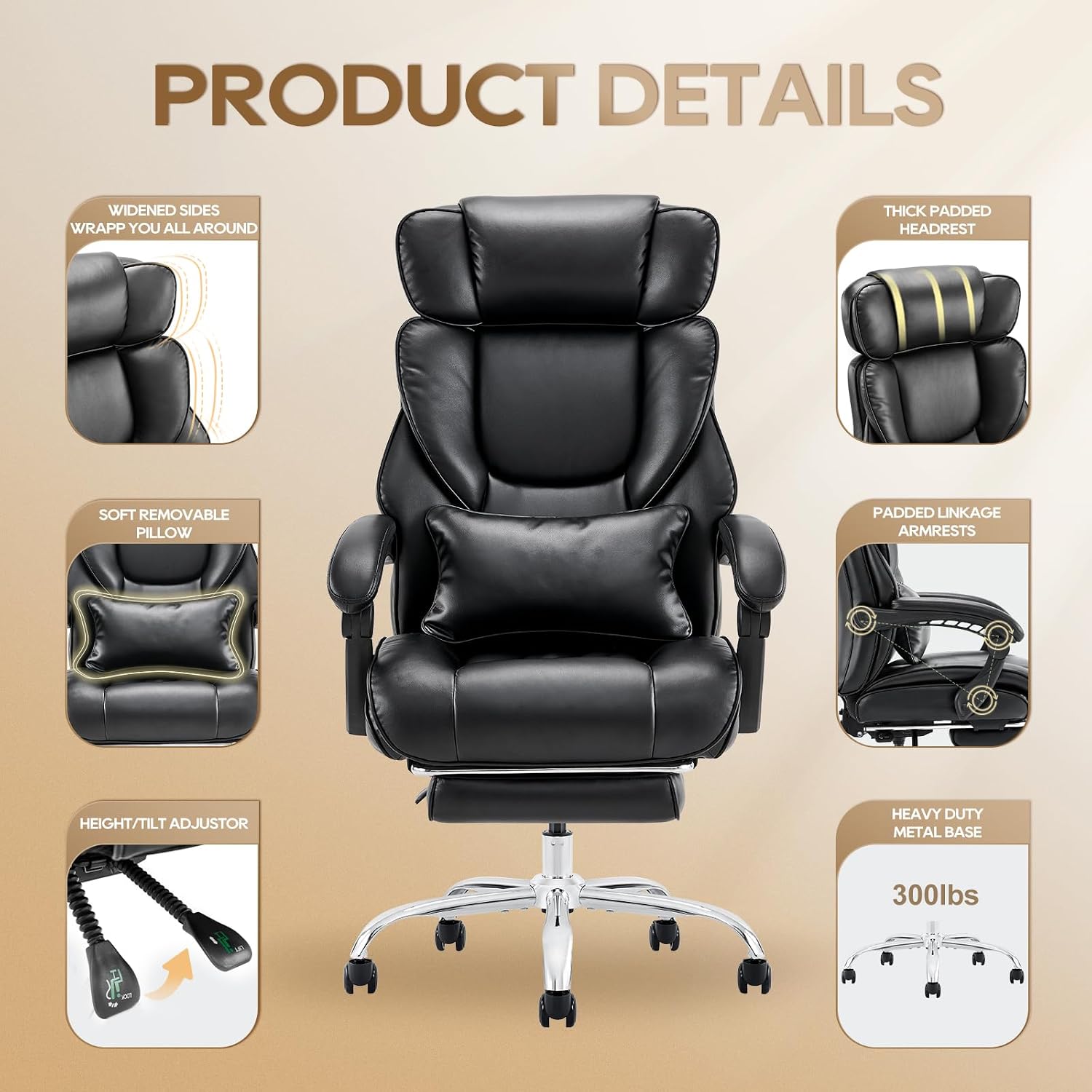 Detalle 1 de COLAMY 6754 Office Chair with Retractable Footrest, Reclining Back and Bonded Leather