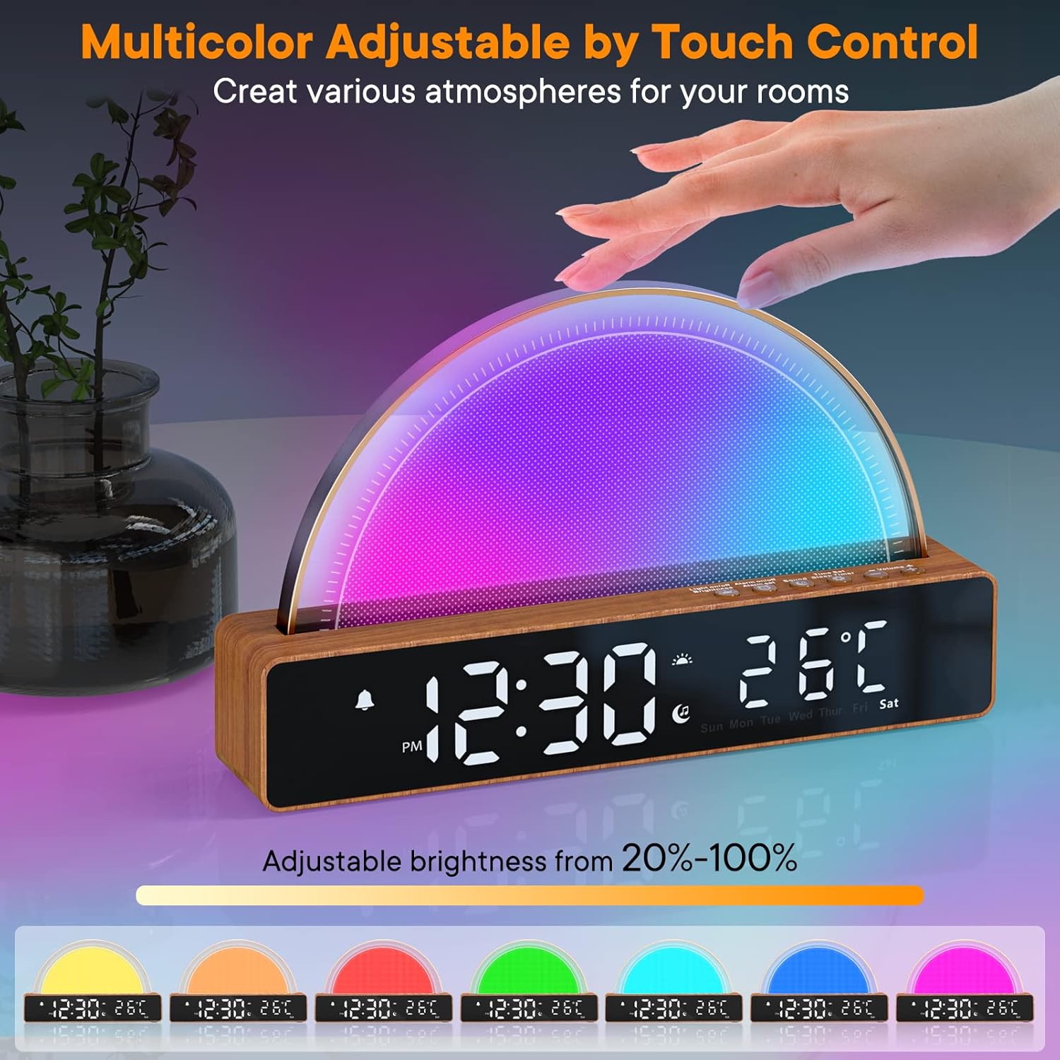 Detalle de Réveil lumineux avec simulation de lever du soleil, lampe à 7 couleurs et mode sommeil (snooze, 6 sonneries, 10 sons)