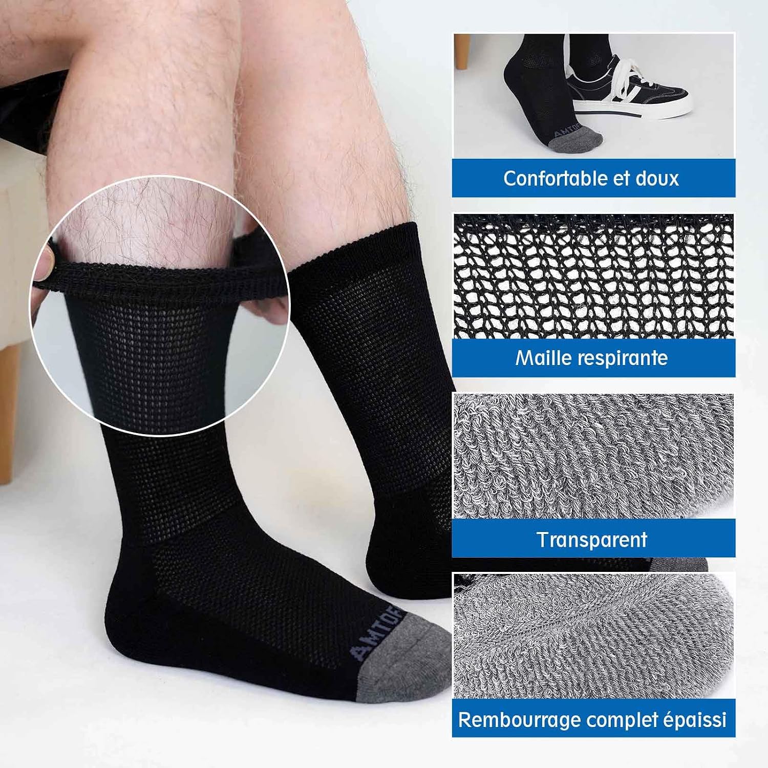 Detalle 1 de LOFIR Chaussettes Diabétiques en coton pour homme — sans couture, ceinture ultra-large et semelle rembourrée (4 paires, taille 39–50)