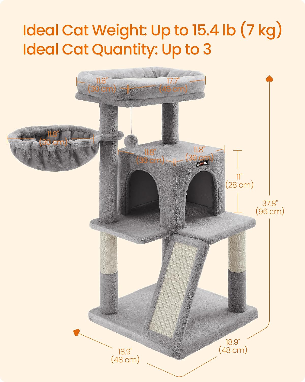 Thumbnail 4 de Feandrea UPCT51W Cat Tree, 37.8-Inch Multi-Level Tower with Sisal Ramp