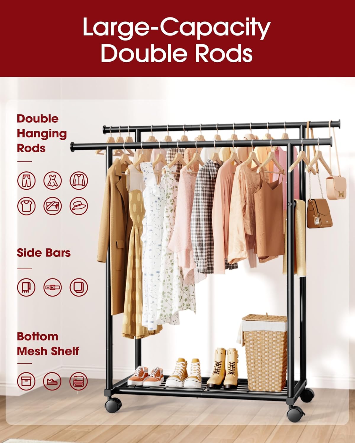 Detalle de Sakugi double-rod clothes rail with fixed extension rod, mesh shelf and universal wheels (98cm x 42cm x 150cm) - Black