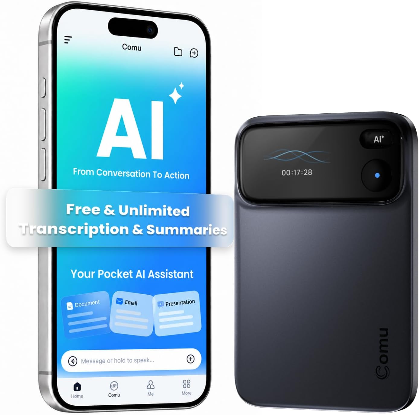 Detalle de comu TN20-CA-BL AI-dicteerapparaat met 16 GB opslag en 6-microfoonmatrix