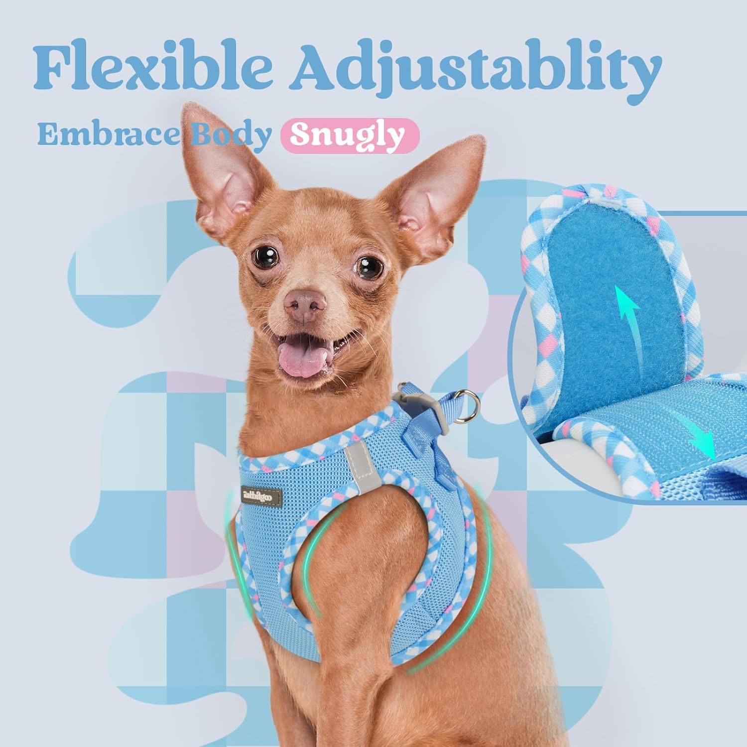 Thumbnail 5 de rabbitgoo Small Dog Step-in Soft Mesh Harness (Blue & Plaid Trim) with Reflective Strips, size S