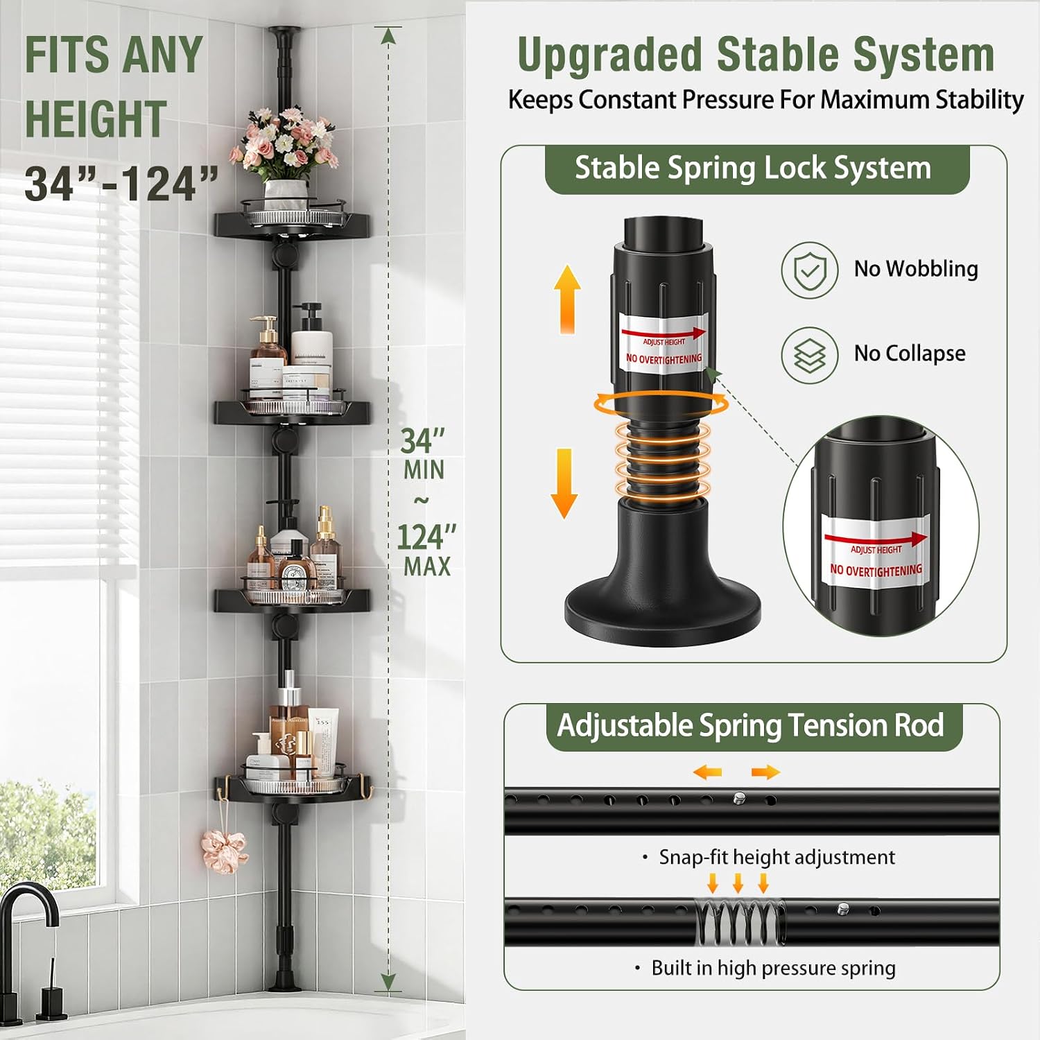 Thumbnail 1 de shuang qing 360° Rotating Corner Shower Caddy Tension Pole Organizer (4-Tier Adjustable, Black)