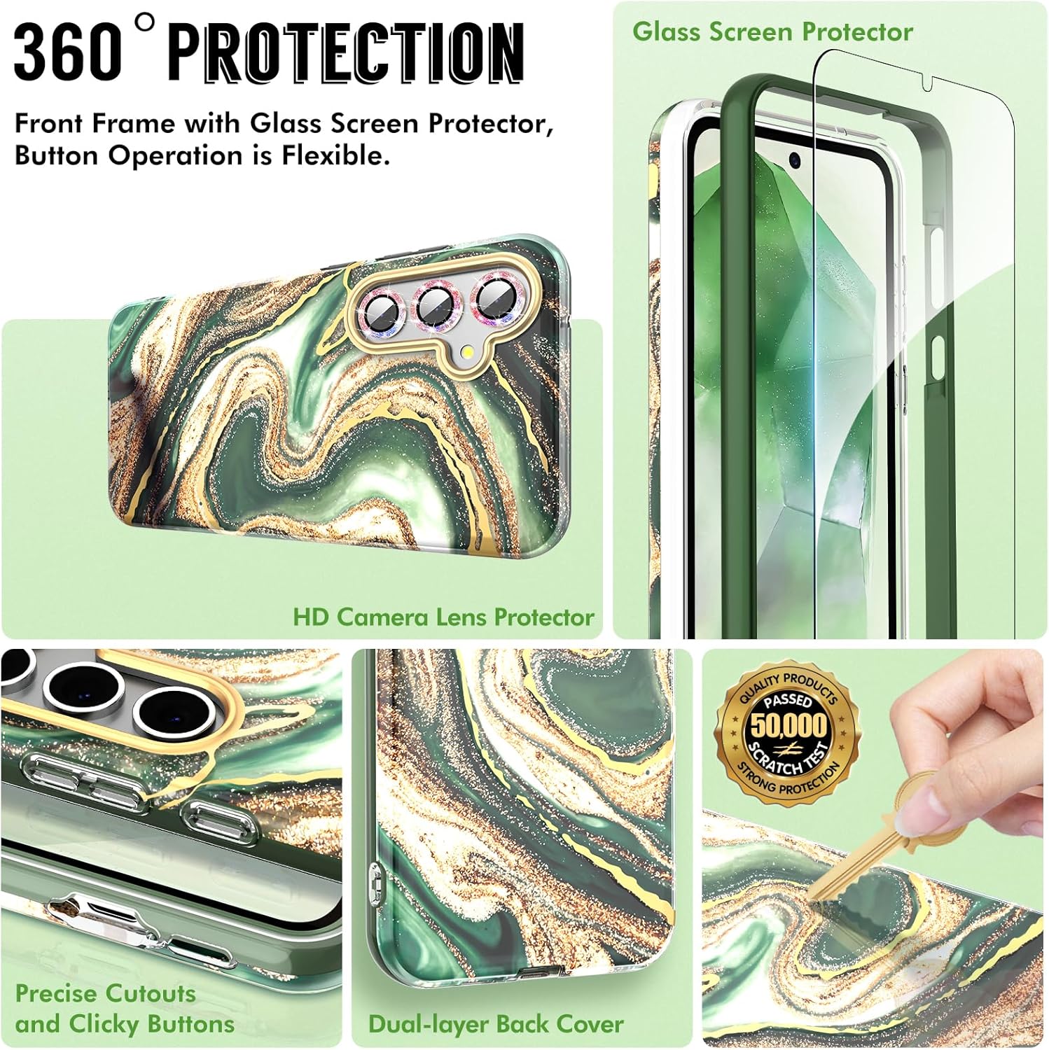 Detalle 2 de SHEDEER Hülle für Samsung Galaxy A55 5G 6,6" – Glitzer, Kameraschutz und Displayschutz, 360° Stoßfestigkeit, Sand Grün