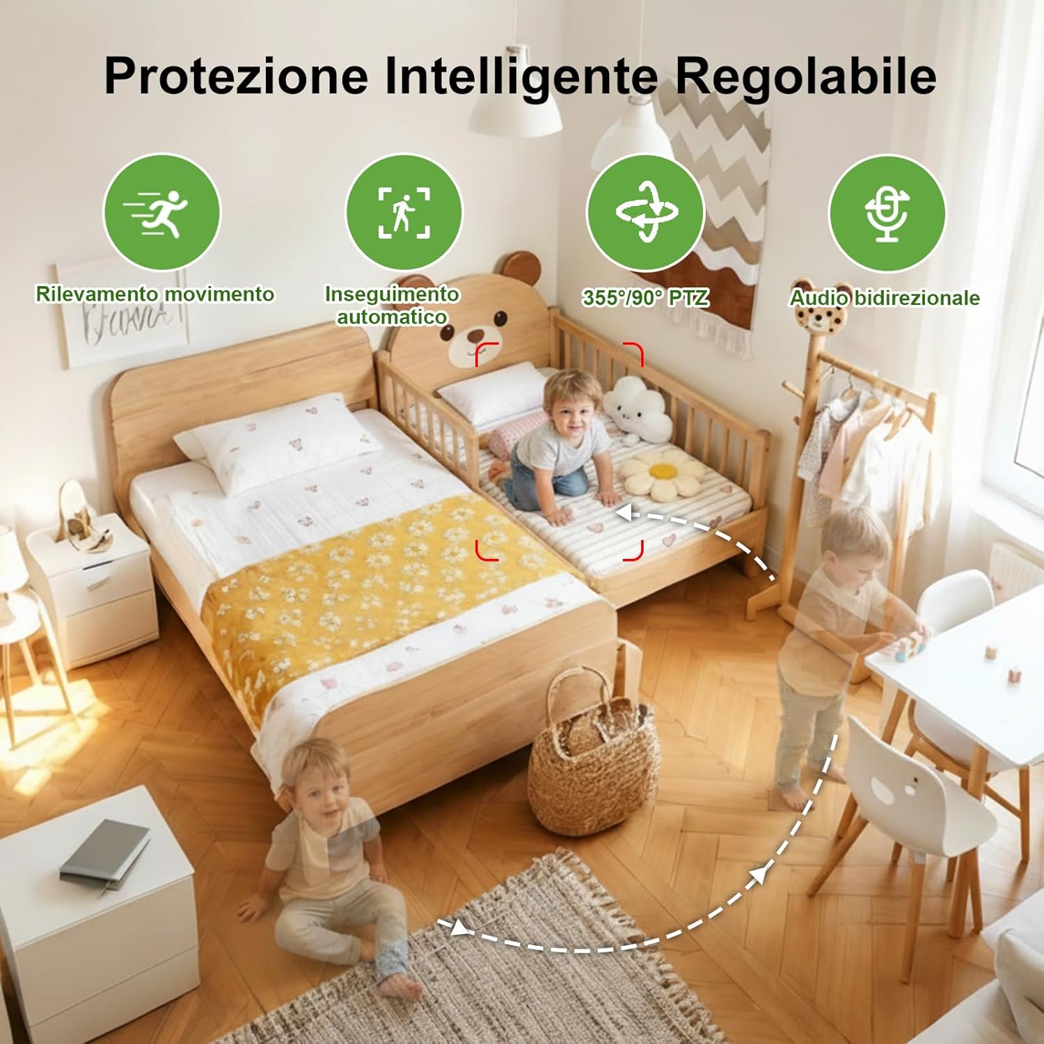 Thumbnail 4 de CiKiKWXO CiKiKWXO Telecamera WiFi interna 2K 2.4/5 GHz con PTZ 355°/90°, baby monitor e visione notturna