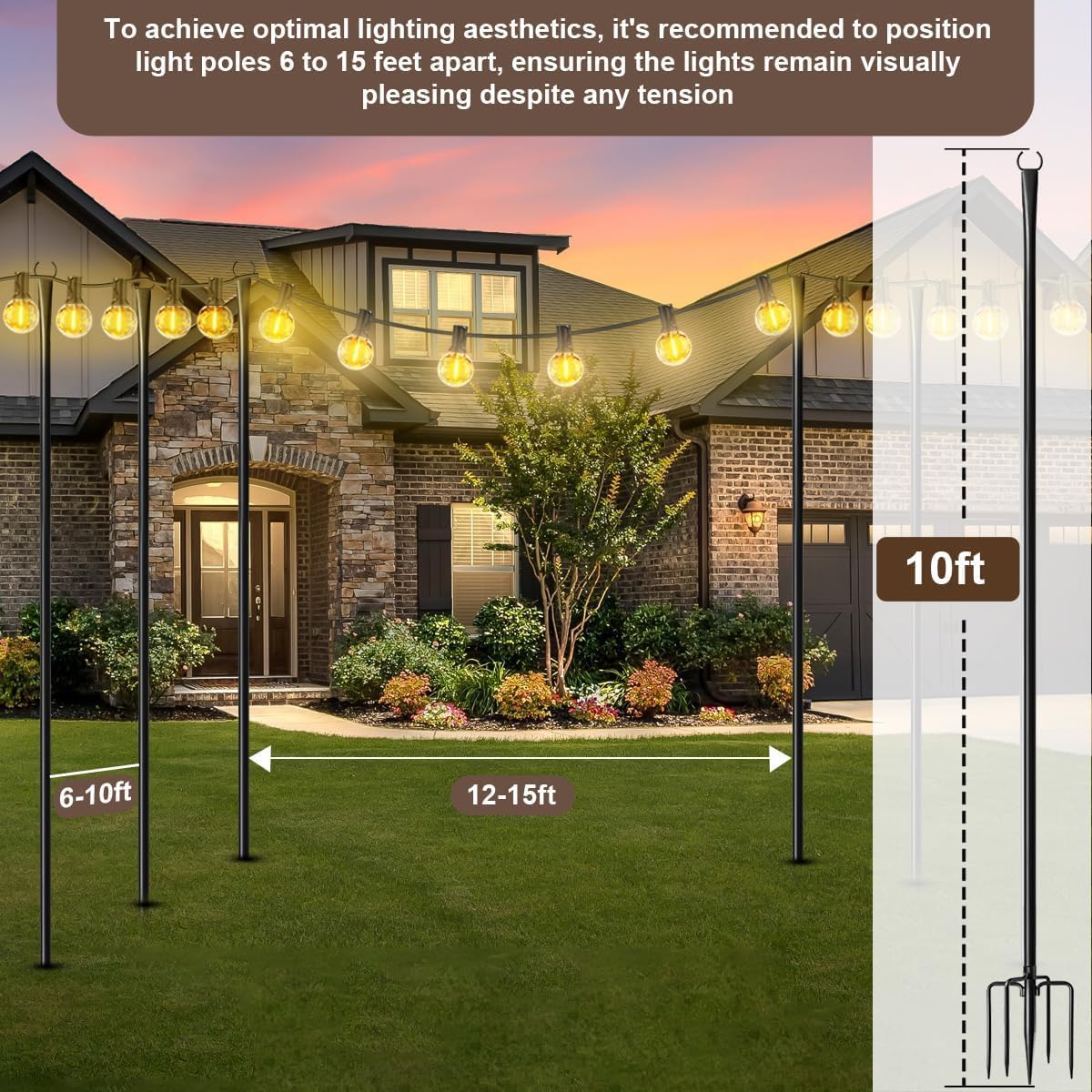 Thumbnail 4 de HoldOneLight 8 Pack Outdoor Light Poles (9.8FT) with Ground Stake & Fork Hooks for String Lights